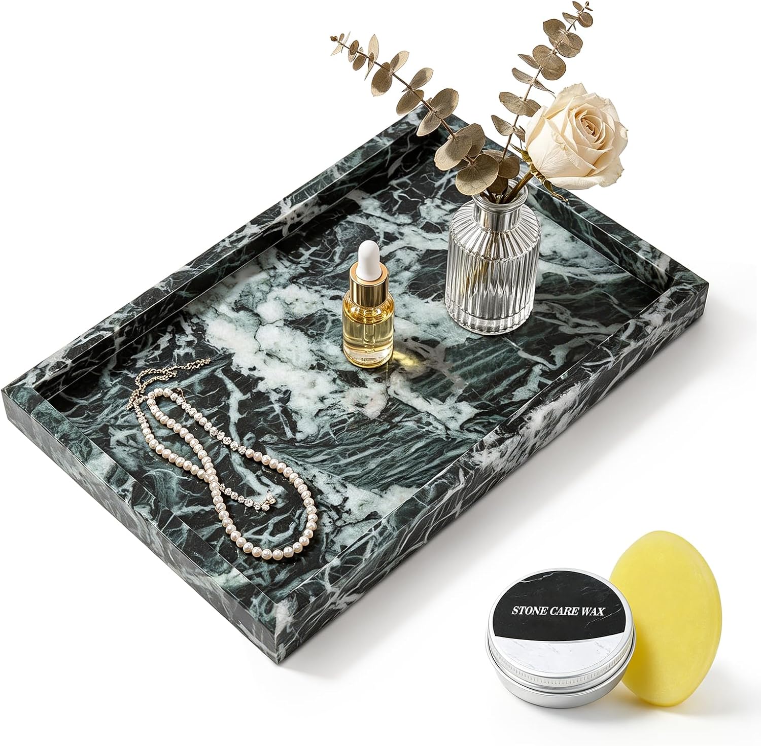 Natural Marble Tray for Vanity: Verdant Stone 12"x8"x1.2" Heavy Organizer with Stone Care Wax and Polishing Sealer Kit Emerald Green Gift for Women