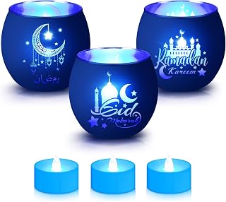 VIHOSE 3 Set Ramadan Decorations Eid Mubarak Votive Candle Holders Ramadan Glass Tea Light LED Battery Operated Candles Flameless Lights for Home Mubarak Party Islamic Muslim Table Centerpieces Decor
