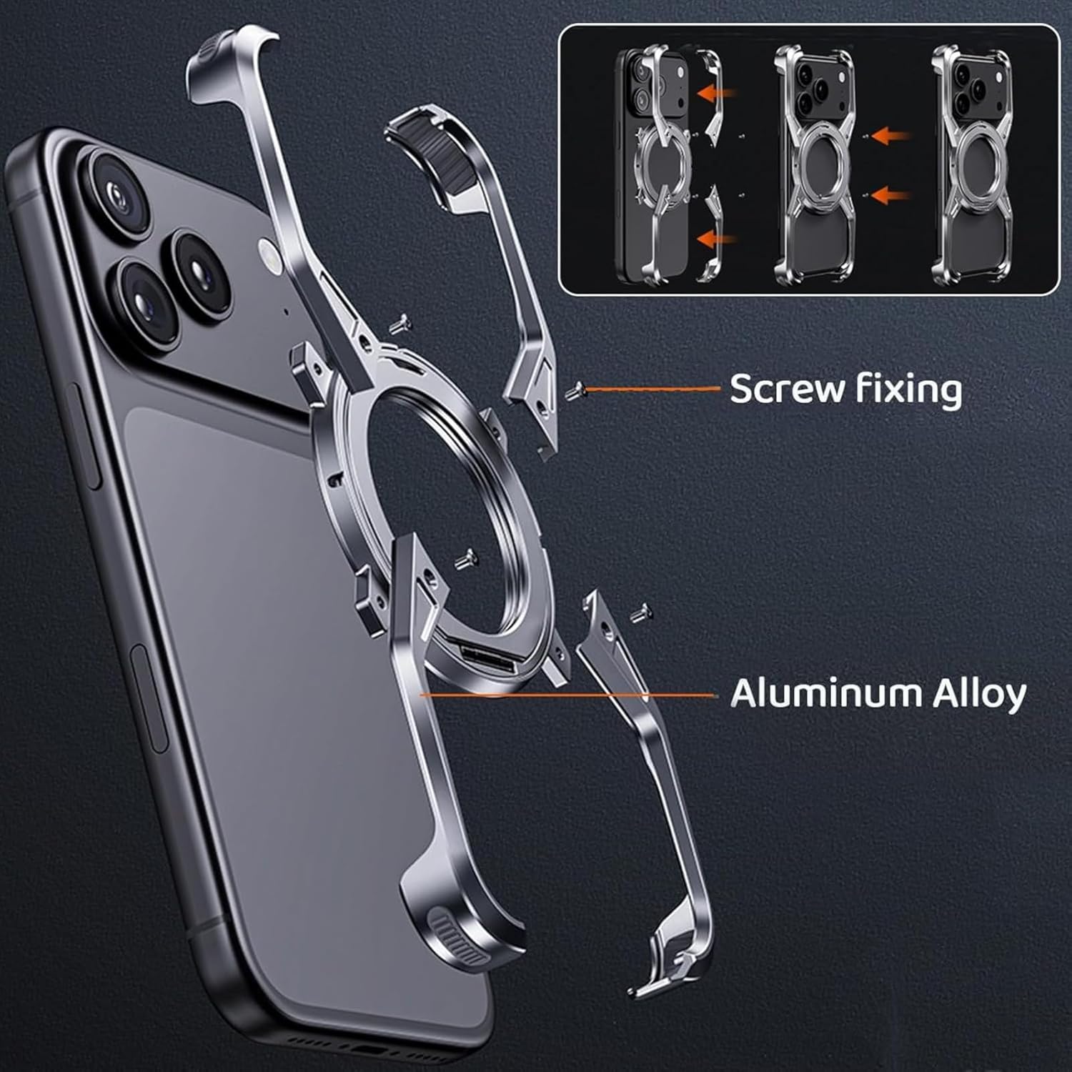 Aluminum X Frame Metal Bumper Case for iPhone 13 Pro Max, Screw Lock Shockproof Corner Protection, Minimalist Lightweight Heat Dissipation, Gray