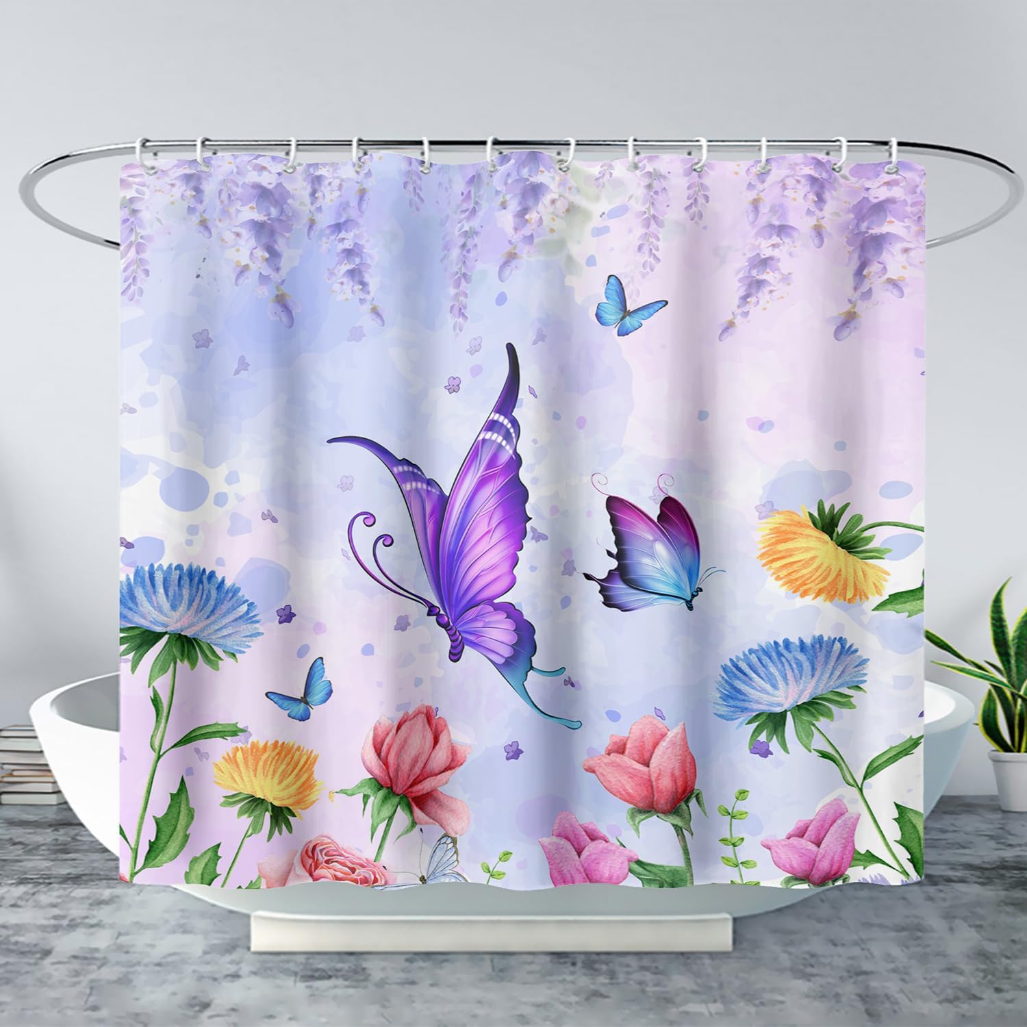 AILONEN Girls Butterfly Shower Curtain for Bathroom,Colorful Floral Flower Purple Watercolor Butterfly Printed Bath Curtain 72" W*84" H Polyester Fabric Waterproof Bathroom Curtain with 12 Hooks