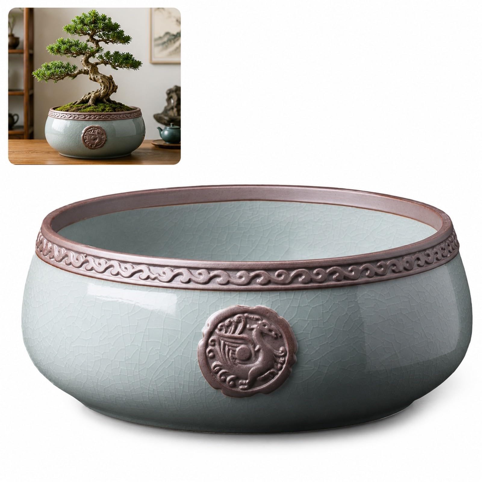 TJKK Ceramic Hydroponic Bowl Vintage Celadon Crackle Glaze Planter with Relief Water Lily Narcissus Pot Tabletop Flower