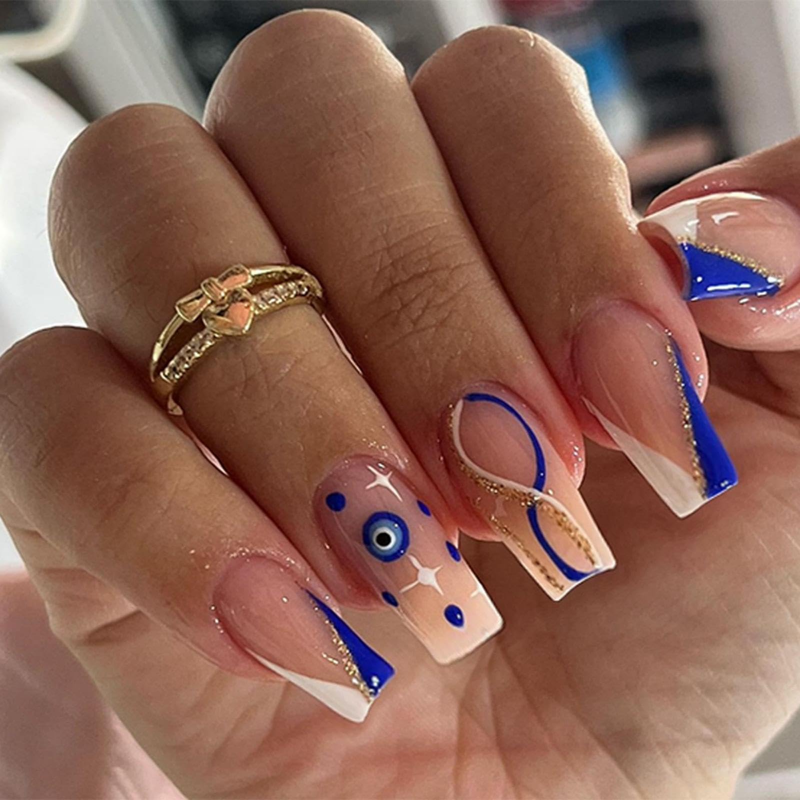Maigitur Square Press on Nails - Long Blue White French Tip Stick on Evil Eye False Nails With Gold Glitter Swirl - 24Pcs Coffin Shiny Artificial