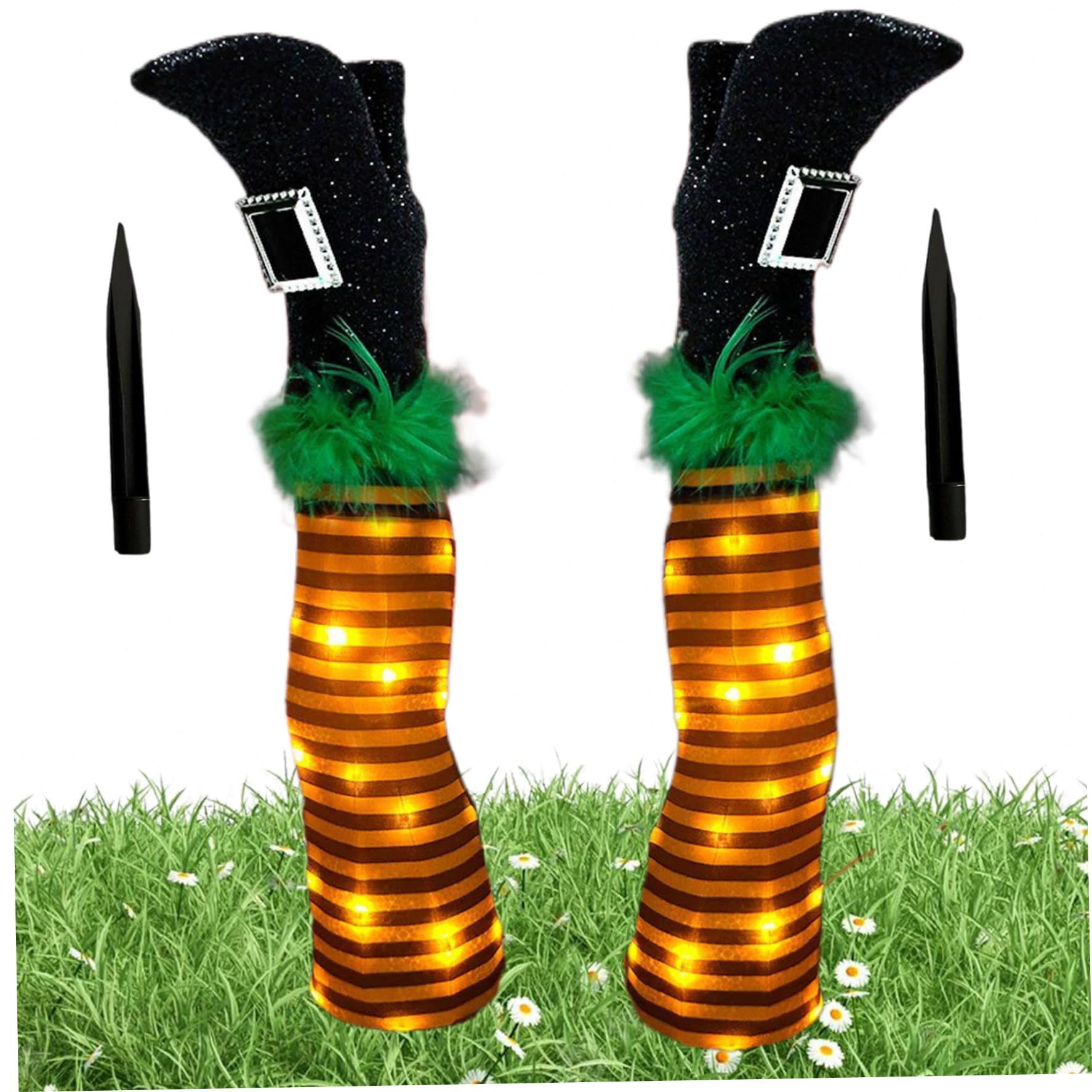 1 Pair Witches Legs Halloween Decor, 17" Wicked Upside Down 3D Stripe Witch Legs with Stakes & LED Light, Stuffed Halloween Witch Decorations for Spooky Party, Lawn, Garden, Orange