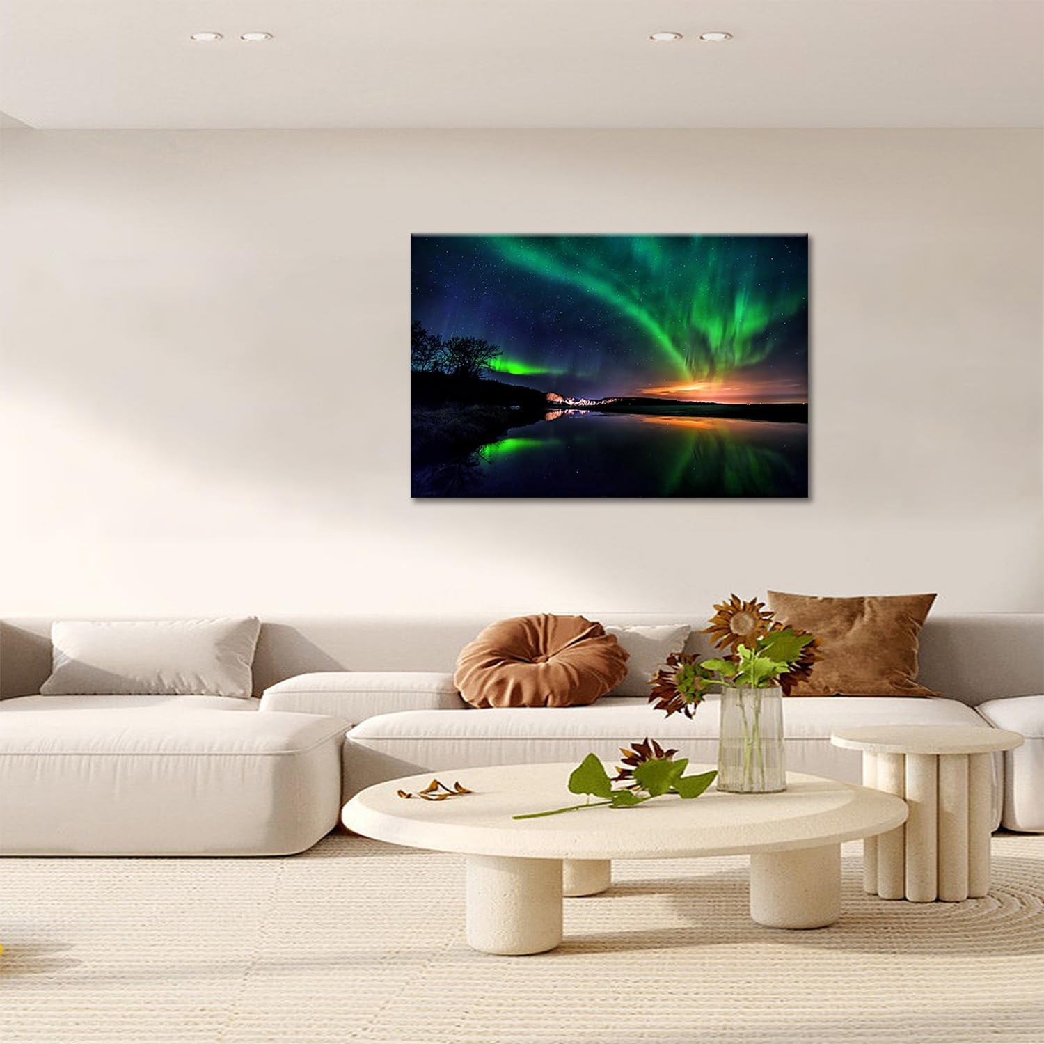 Aurora Canvas Wall Art, Green and Gold Aurora with Lake Painting Picture Aurora Borealis Poster Print for Living Room Bathroom Decor(Artwork-02, 18"x12")