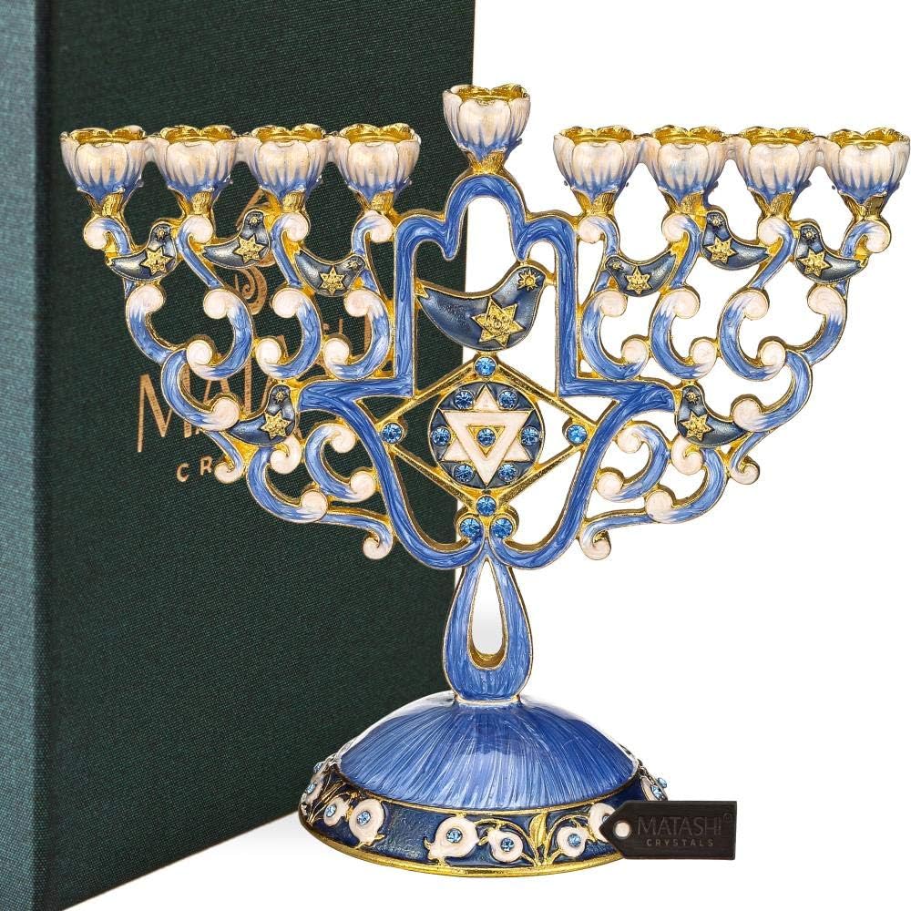 Matashi Hand Painted Enamel Menorah Candelabra Embellished with Gold Accents and Crystals (Hamsa & Doves Design)