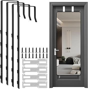 4 PCS Over The Door Mirror Hanger, Adjustable Door Mirror Hanger, Five-Hole Over The Doors-Mirrors Hook, Mirrors Doors Hangers with 2 Iron Filings and Screws Black