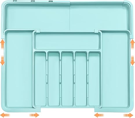 Silverware Organizer Expandable Kitchen Utensil Drawer Organizer Large BPA Free Adjustable Cutlery Silverware Tray for Spoons Forks Knives Storage Divider for Kitchen Flatware 6-9 Slots Turquoise