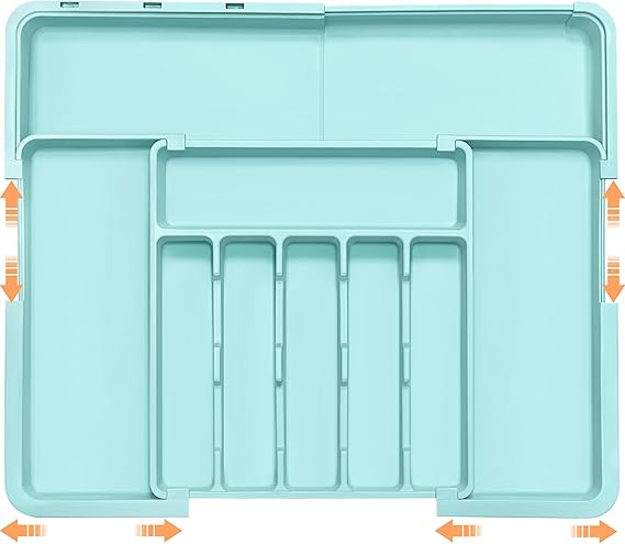 Silverware Organizer Expandable Kitchen Utensil Drawer Organizer Large BPA Free Adjustable Cutlery Silverware Tray for Spoons Forks Knives Storage Divider for Kitchen Flatware 6-9 Slots Turquoise