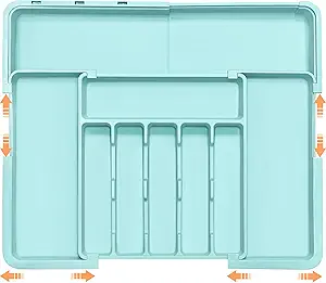 Silverware Organizer Expandable Kitchen Utensil Drawer Organizer Large BPA Free Adjustable Cutlery Silverware Tray for Spoons Forks Knives Storage Divider for Kitchen Flatware 6-9 Slots Turquoise
