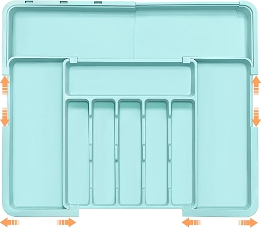 Silverware Organizer Expandable Kitchen Utensil Drawer Organizer Large BPA Free Adjustable Cutlery Silverware Tray for Spoons Forks Knives Storage Divider for Kitchen Flatware 6-9 Slots Turquoise