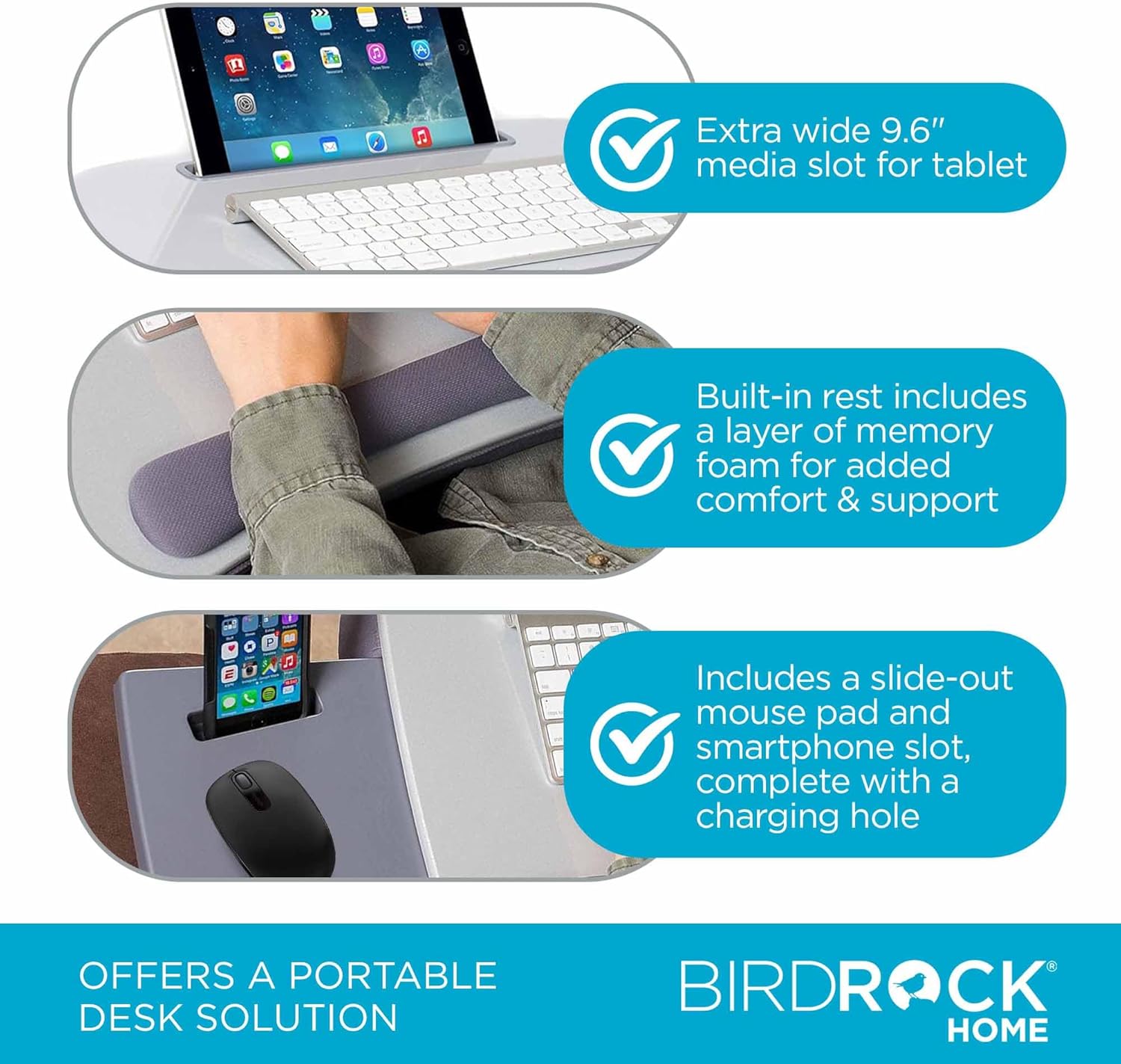 Sofia + Sam Multi Tasking Memory Foam Lap Desk with USB Light (Silver) | Supports Laptops Up to 15 Inches - Image 4