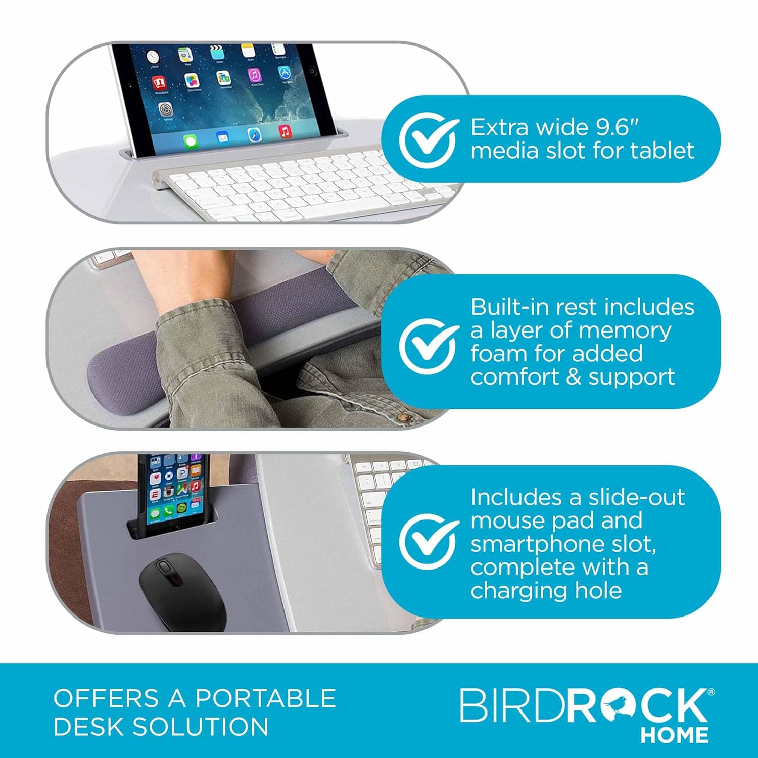 Sofia + Sam Multi Tasking Memory Foam Lap Desk with USB Light (Silver) | Supports Laptops Up to 15 Inches