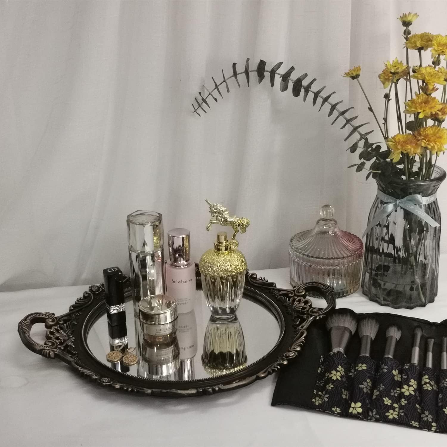 YANIZU Decorative Mirror Tray, Round with Handles, Organizer for Perfume, Makeup, Jewelry, Vintage Display and Serving Tray for Dresser, Counter and Coffee Table, 15.8" x 13", Black - Image 4