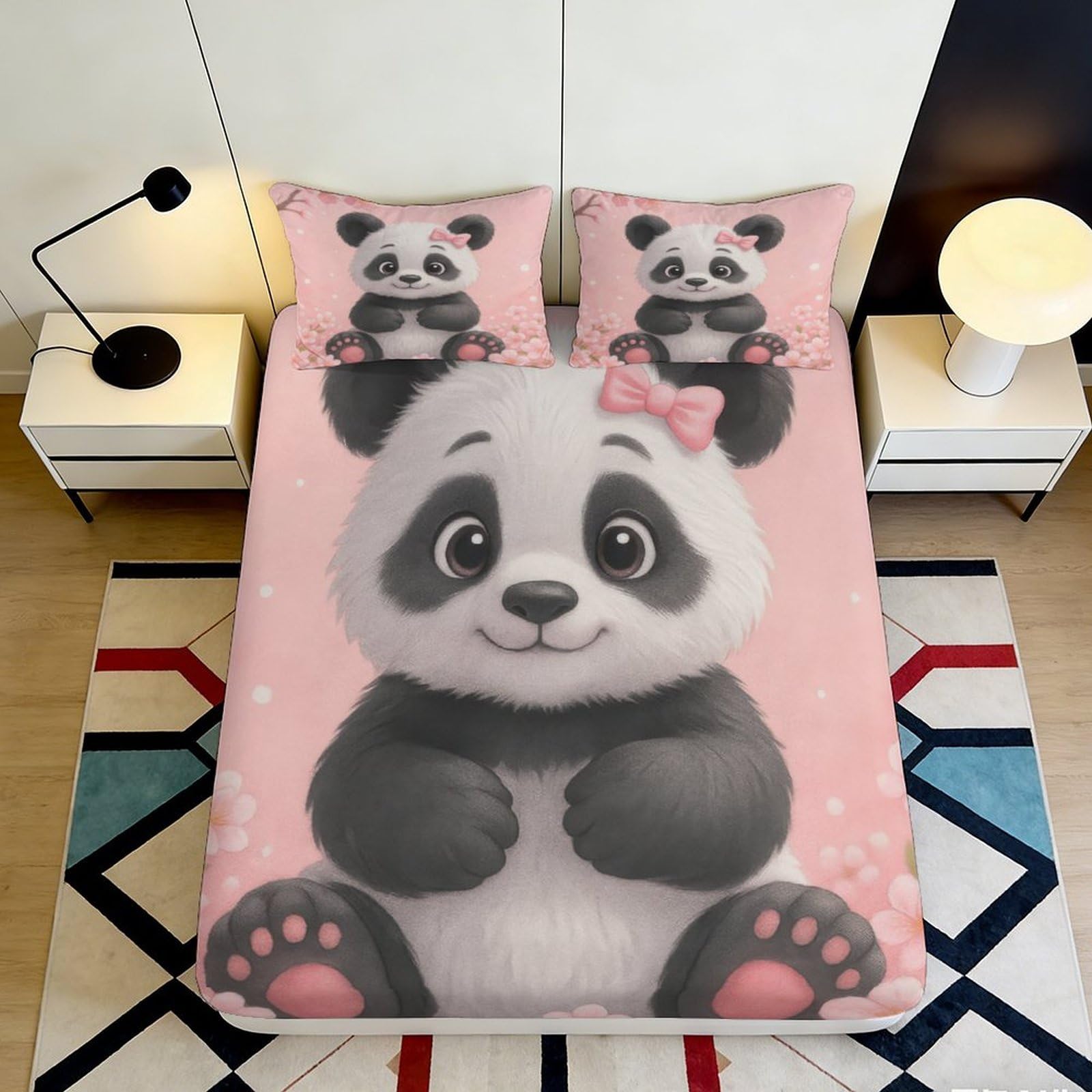 3D Printed Cute Panda Pink Fitted Sheet Microfiber Soft Breathable Cartoon Bed Cover for Bedroom Dormitory Guest Room Mattress Protection 120x200x25cm