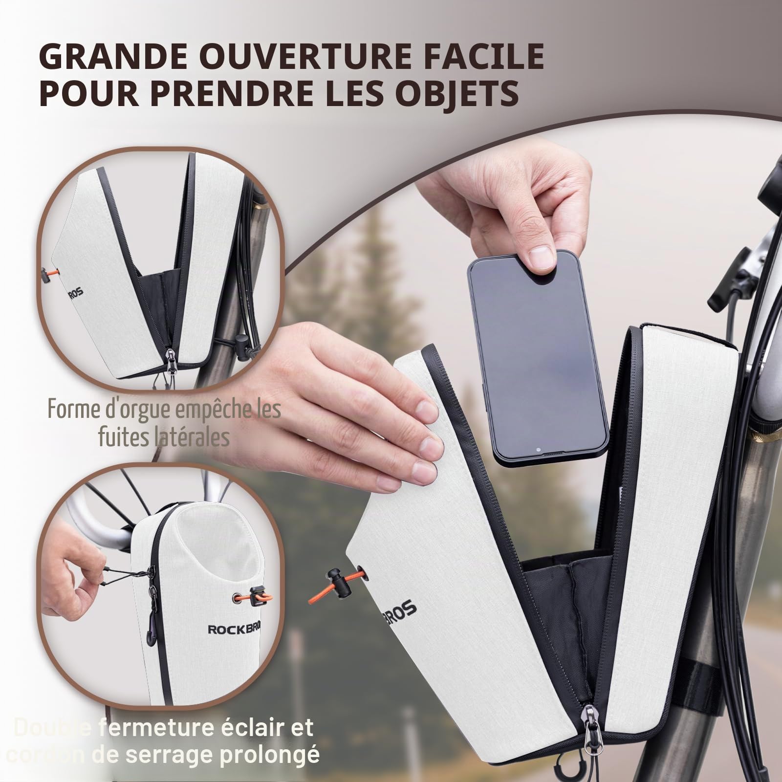 ROCKBROS Porte-Bidon Vélo Pliant Sacoche Avant Bidon 1,5L Guidon Calibre Réglable Jusqu'à 8cm Sac Petit Boisson Parapluie Lunettes Gants pour Scooter Trottinette Électrique VTT Blanc