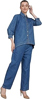 VG5 Women's Denim Cotton Short Two Piece Set – Long Sleeve Button Down Shirt &amp; Wide Leg Jeans, Casual Co-Ord Outfit | Coll...