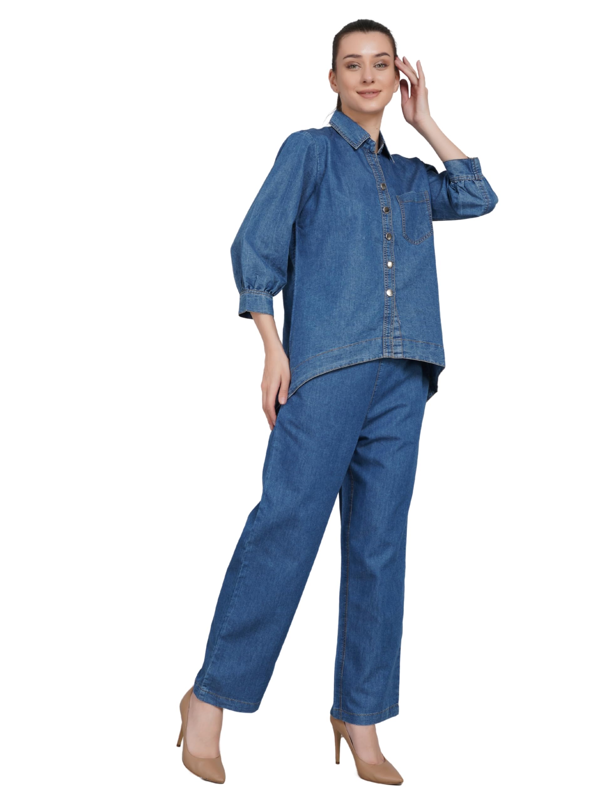 Women's Denim Cotton Short Two Piece Set – Long Sleeve Button Down Shirt & Wide Leg Jeans, Casual Co-Ord Outfit | Collared Shirt & Relaxed Fit Pants | Single Pocket |-image-49