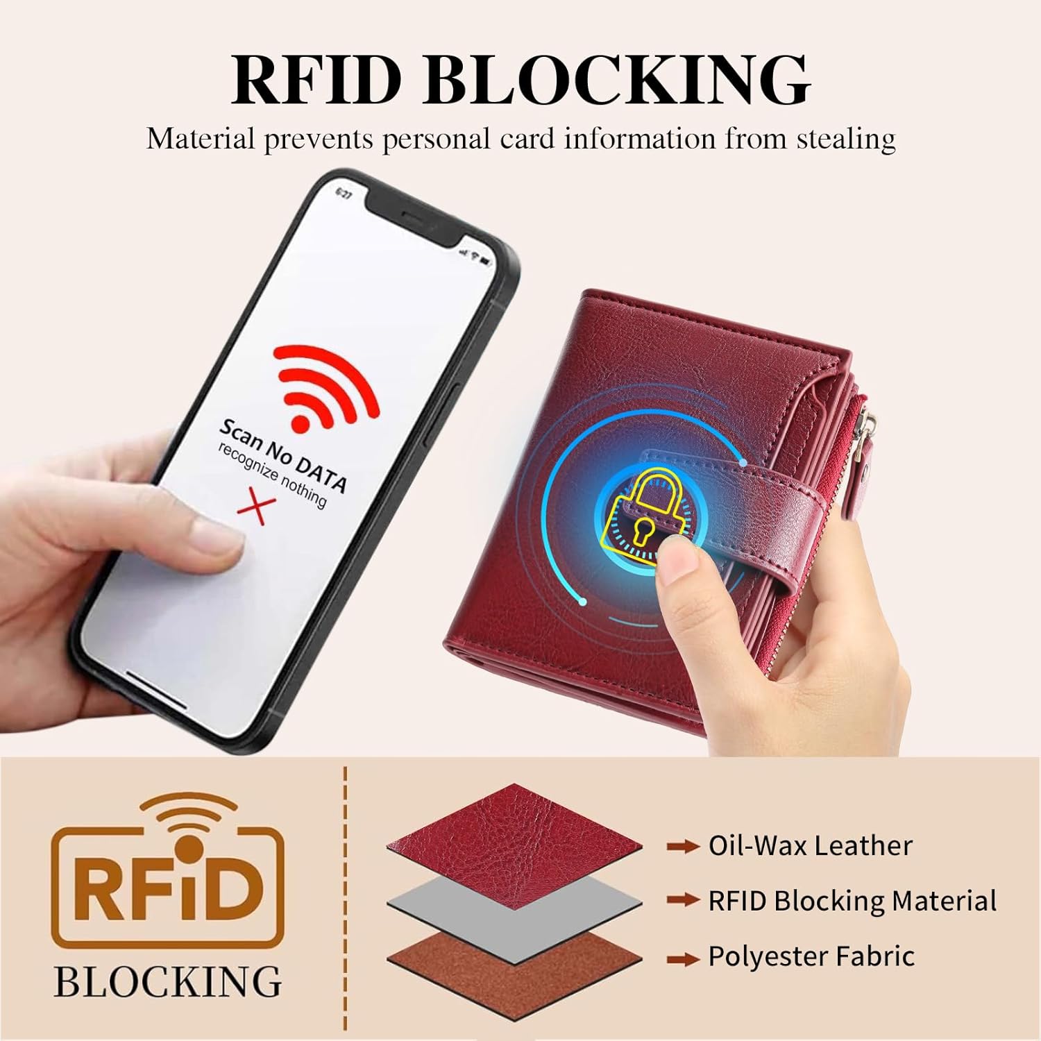 GOIACII RFID Women's Wallet Small Ladies Credit Card Holder Leather with Zipper Pocket 4 ID Windows Wine Wax Red - Image 4