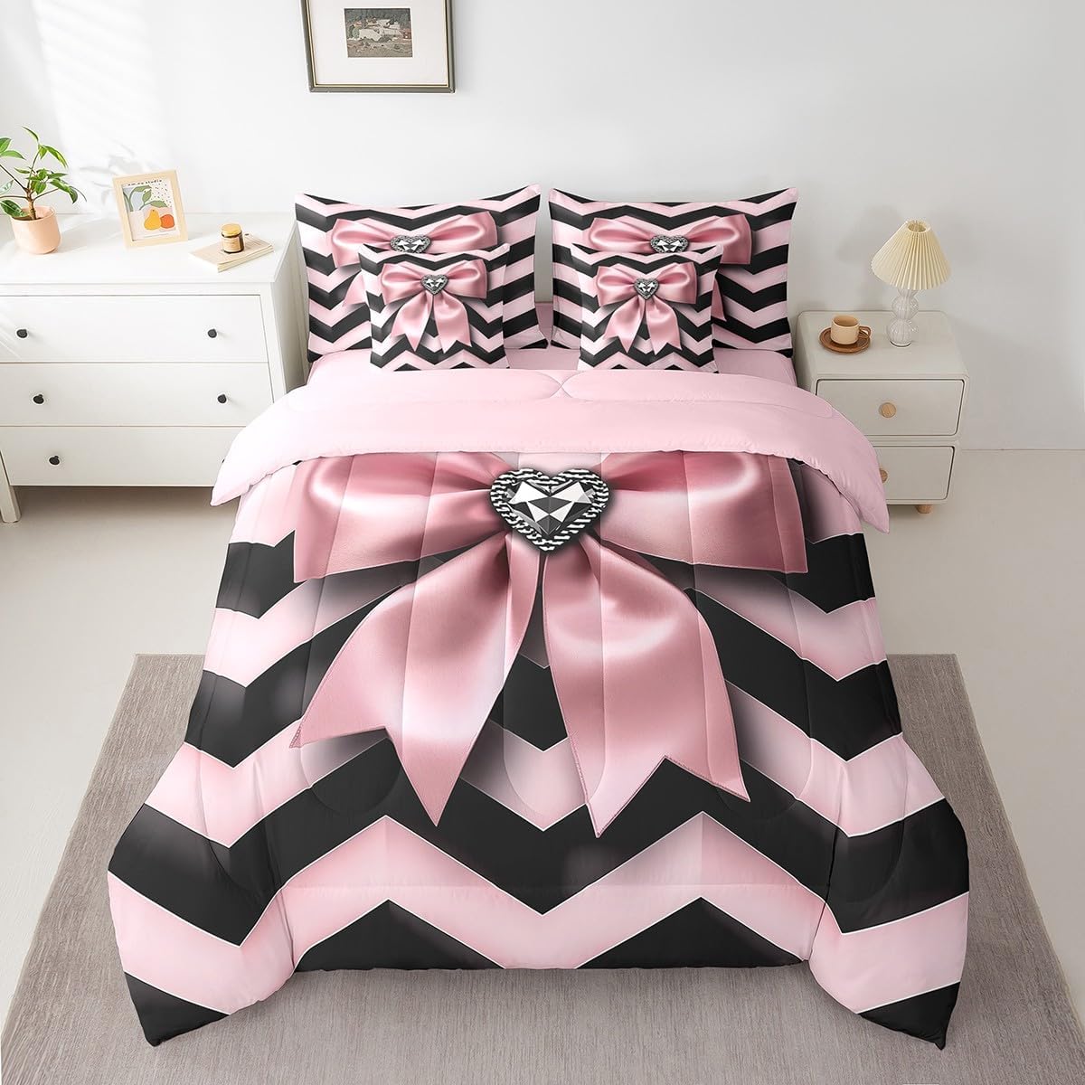 Erosebridal Bowknot Bedding Set 7 Piece for Girls, Girly Bow Knot Comforter Set Queen Size Geometric Stripes Diamond Sheet Set for Kids Women Bedroom, Kawaii Princess Bow Tie Bed Cover, Black Pink
