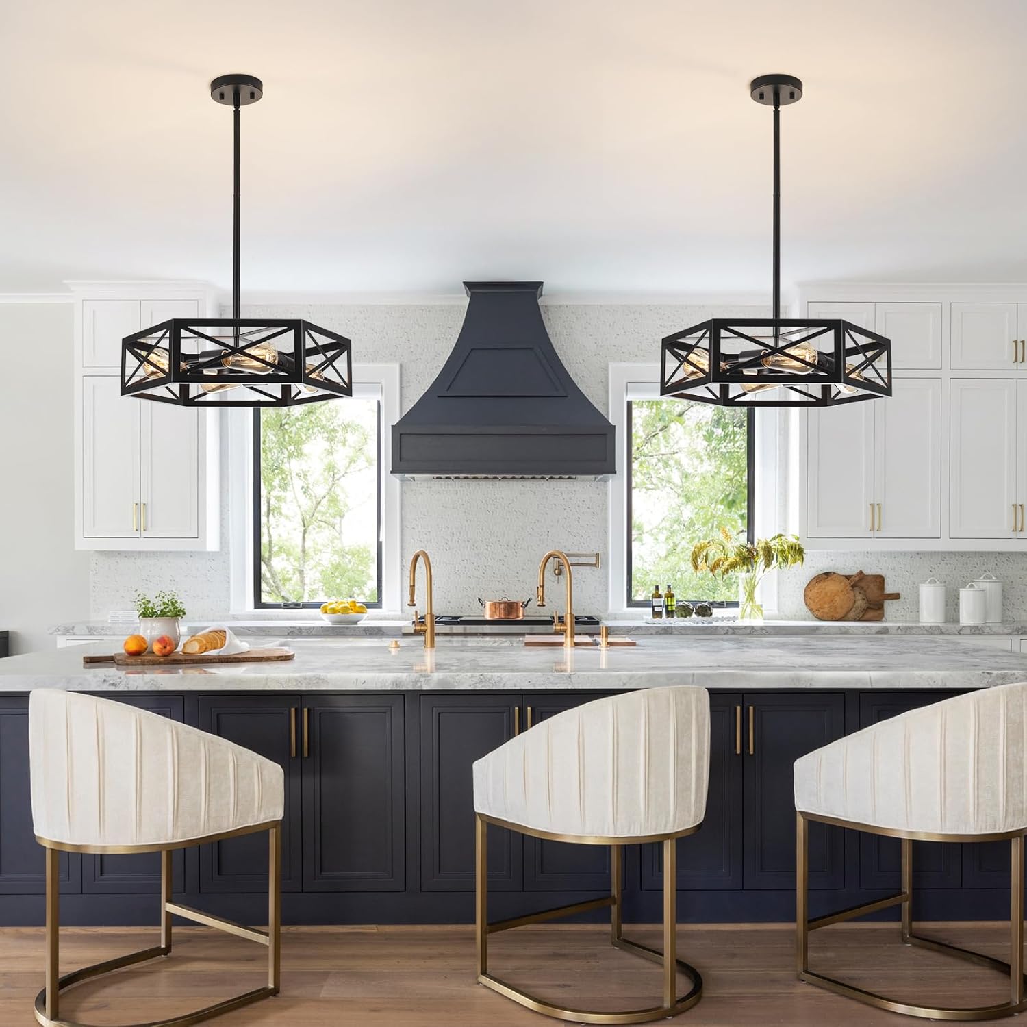 Black Semi Flush Mount Ceiling Lights, Sloped Dining Room Light Fixture Farmhouse Hexagon Chandelier, Kitchen Island Pendant Lighting Adjustable Height for Entryway Hallway Foyer