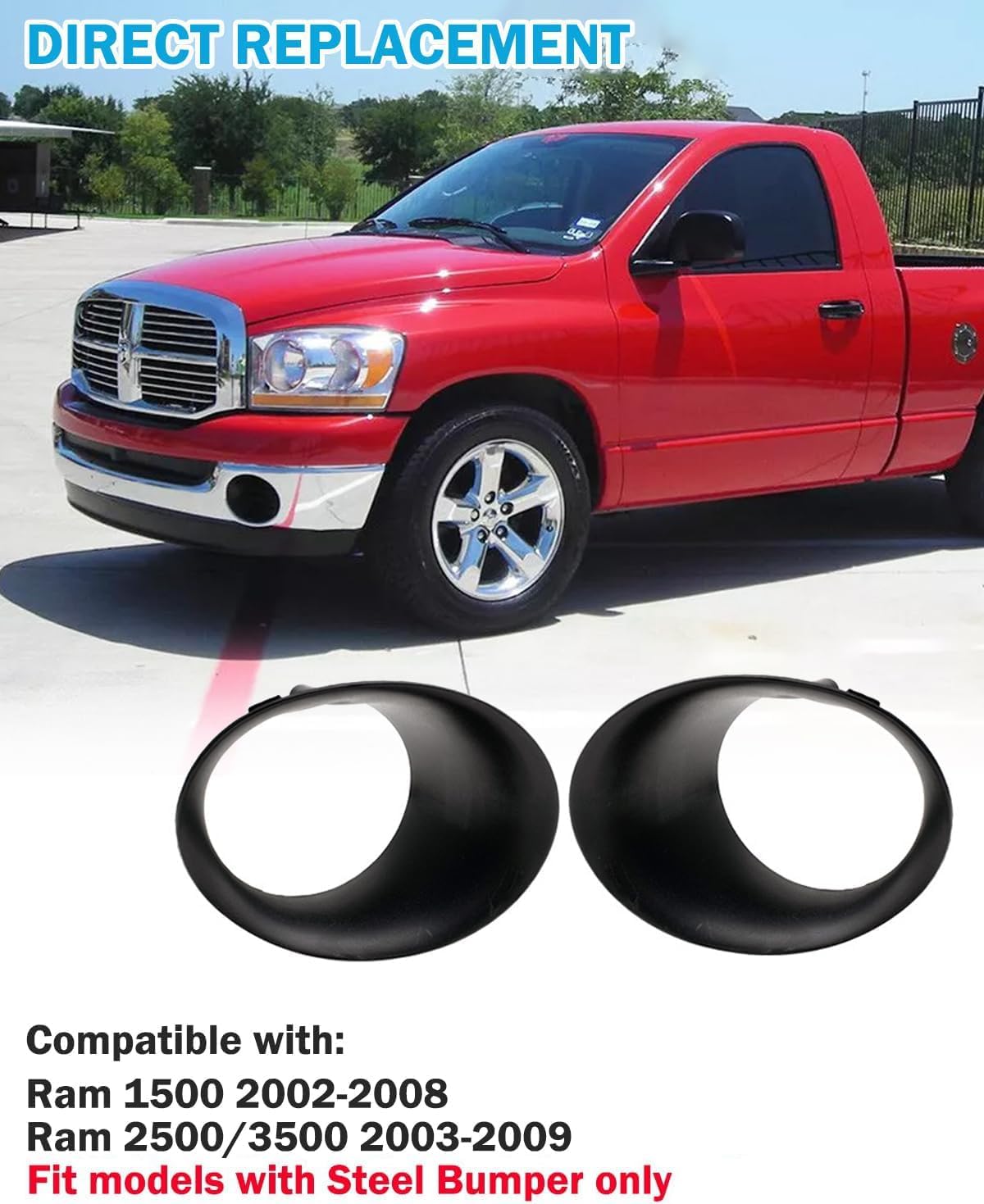 Fog Light Trim Bezel Front Bumper Fog Light Covers for Dodge Ram 1500 2002-2008, for Dodge Ram 2500/3500 2003-2009 Replace# 55077239AD 55077238AD CH2598101 CH2599101