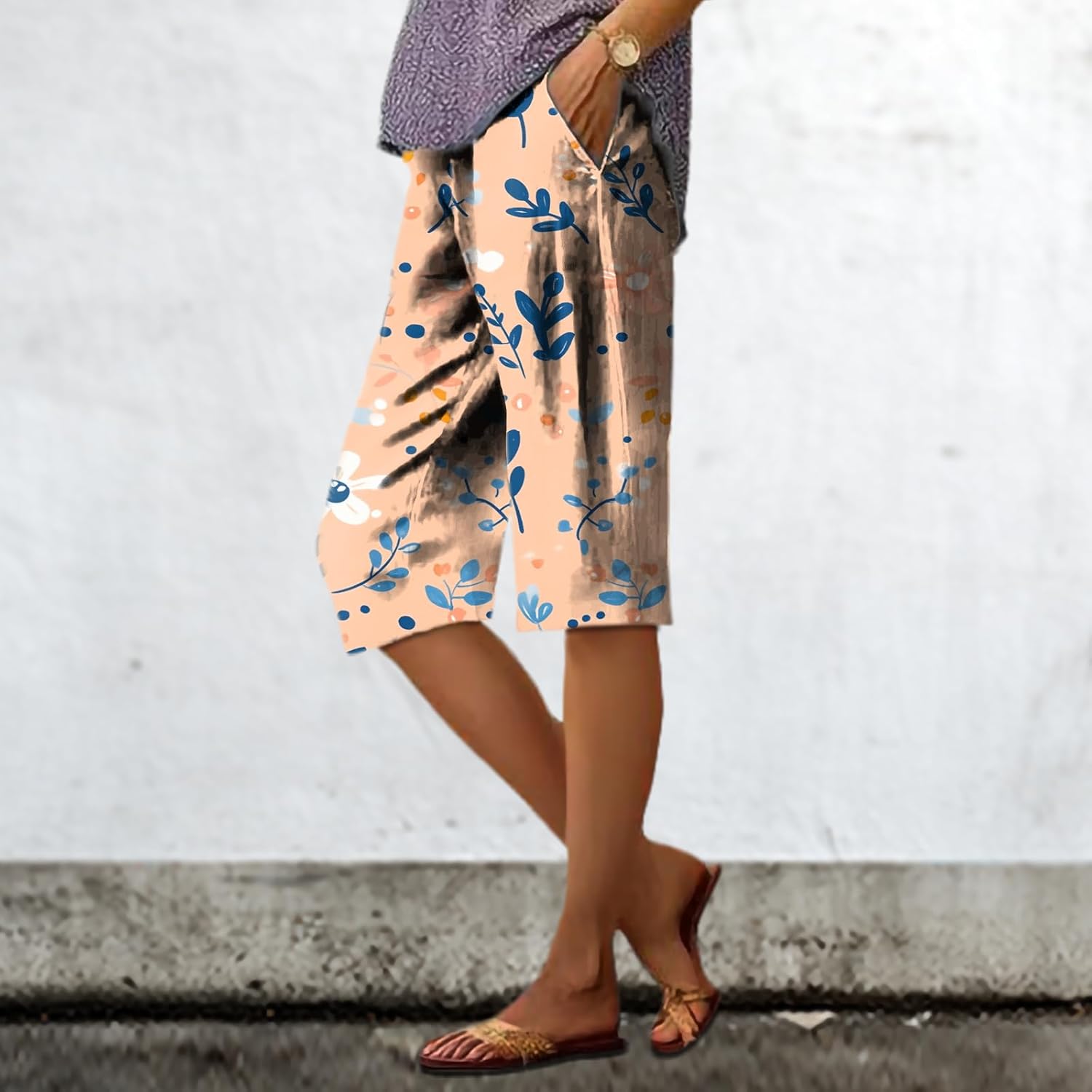 Pants for Women Floral Print Baggy Summer Bermuda Shorts Casual Soft and Comfy Beach Capris Pant with Pockets - Image 2