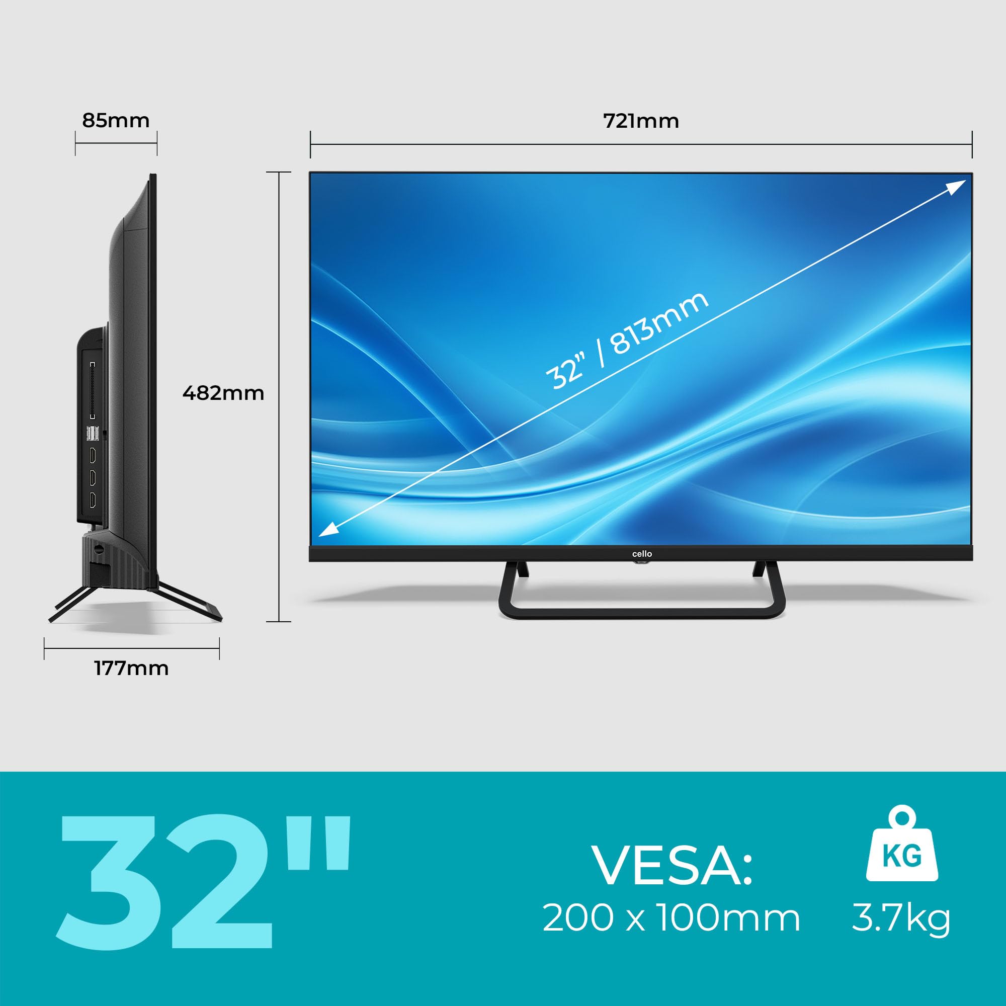 Cello CTRAV-32TZ Smart TV LED 32" bezramkowy 12V z systemem Tizen OS, gry w chmurze, głośniki Pitch Perfect, HDMI, Bluetooth, potrójny tuner