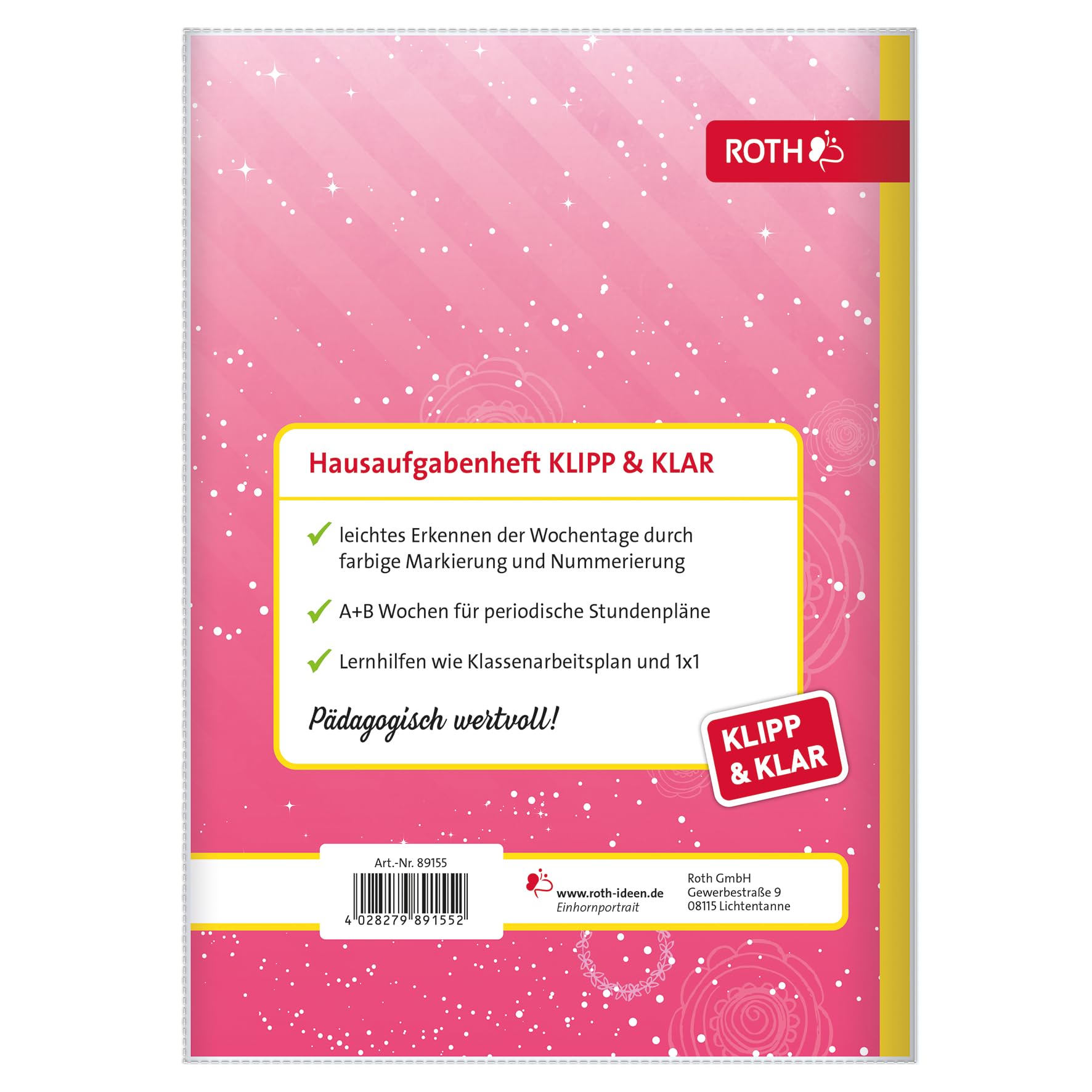 Roth Grundschul-Hausaufgabenheft Klipp & Klar Einhorn
