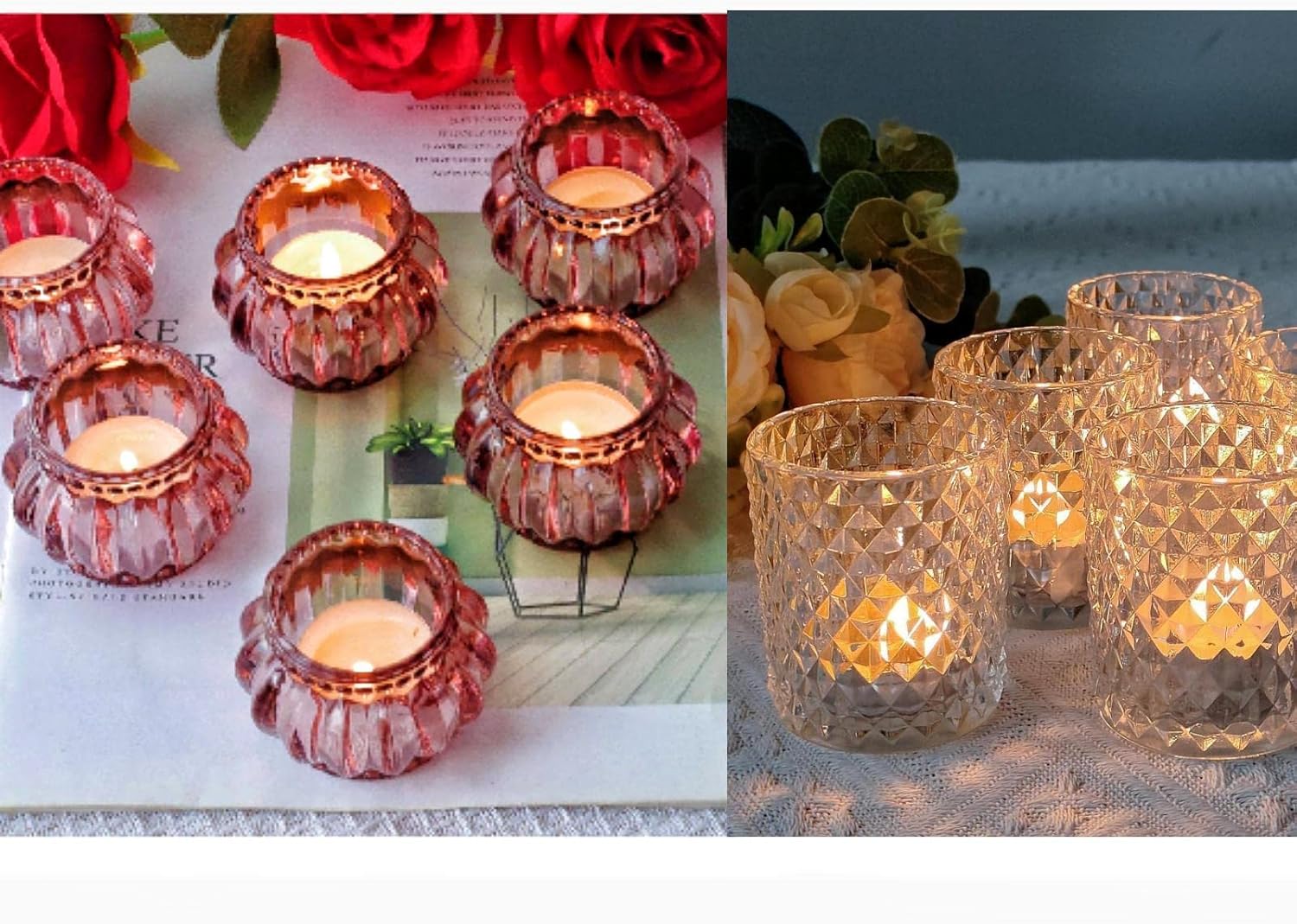 6PCS Rose Gold Tealight Candle Holder and 12PCS Clear Votive Candle Holders Home