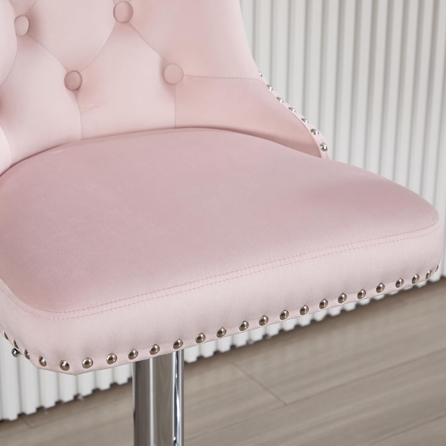Swivel Barstools Set of 2 with Ring Pull Modern Velvet Adjustable Stools with High Tufted Back Upholstered Kitchen Chairs with Nailhead Trim for Home/Dining Room/Kitchen Breakfast Islan,Pink