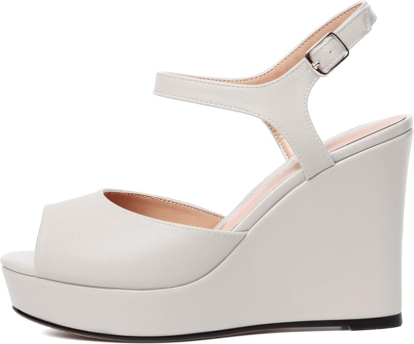 WAYDERNS Womens Ankle Strap Party Platform Peep Toe Matte Slingback Buckle Solid Fashion Wedge High Heel Pumps Shoes 4 Inch
