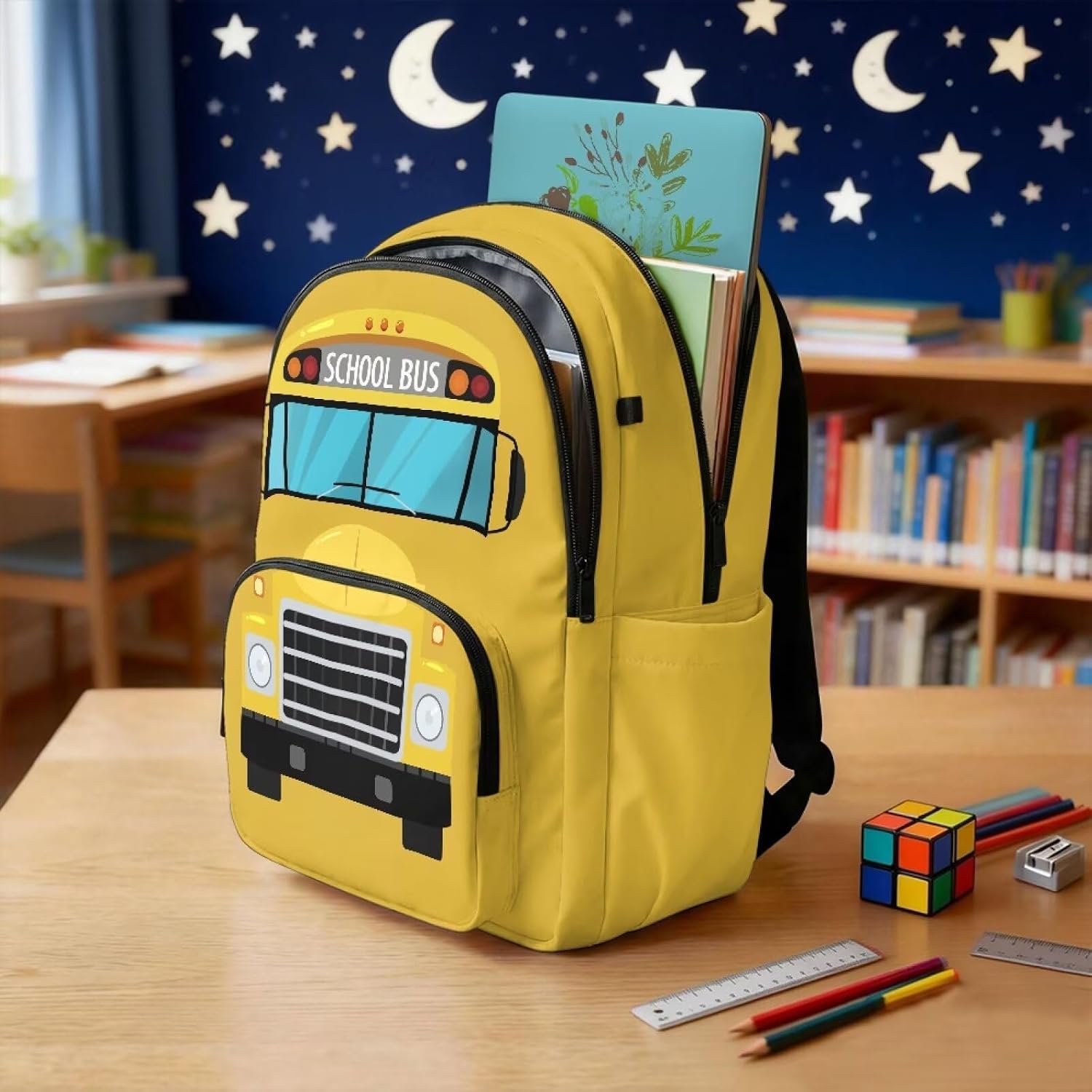 ZOUTAIRONG School Bus Kids School Backpack 17 Inch Large Capacity Lightweight Backpacks Double Zipper Book Bags for Boys Girls