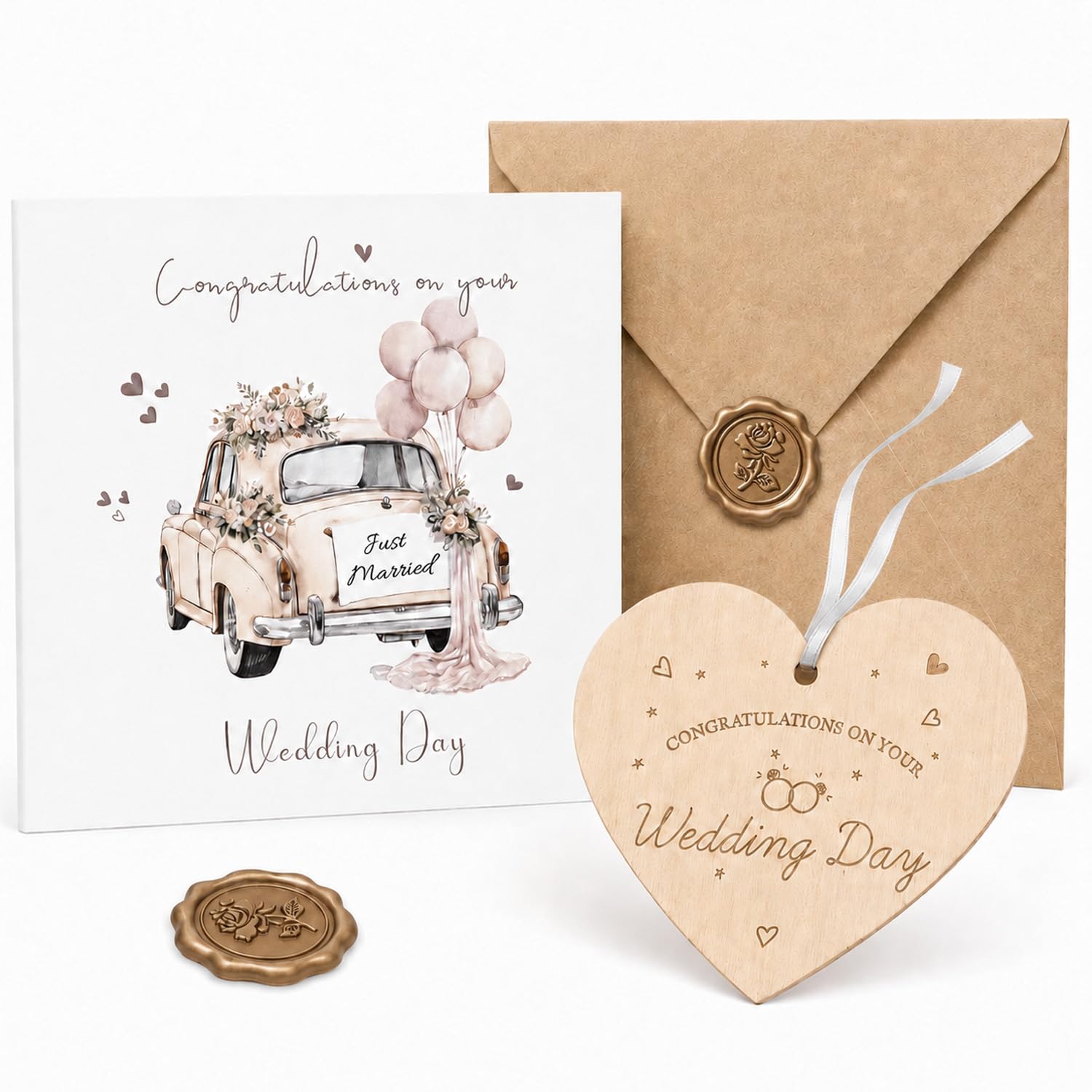 Wedding Card with Wooden Heart Plaque, Vintage Wedding Car Design, Wedding Cards for Bride and Groom, Personalised Wedding Day Card with Envelope, Perfect Wedding Present for Couple