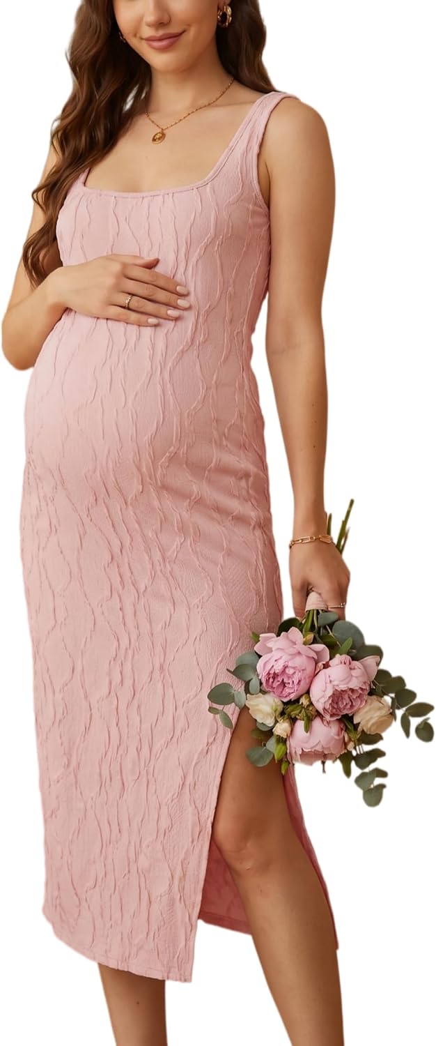 guruixu Maternity Dress Sleeveless Square Neck Bodycon Midi Dress Side Slit Casual Everyday Pregnancy Baby Shower Vacation