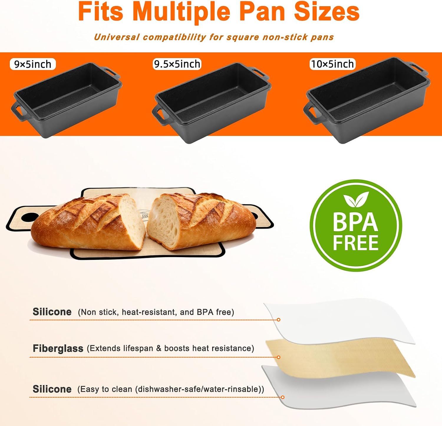 Silicone Bread Sling, Non‑Stick Reusable Loaf Pan Liner for Baking, 4‑Pack