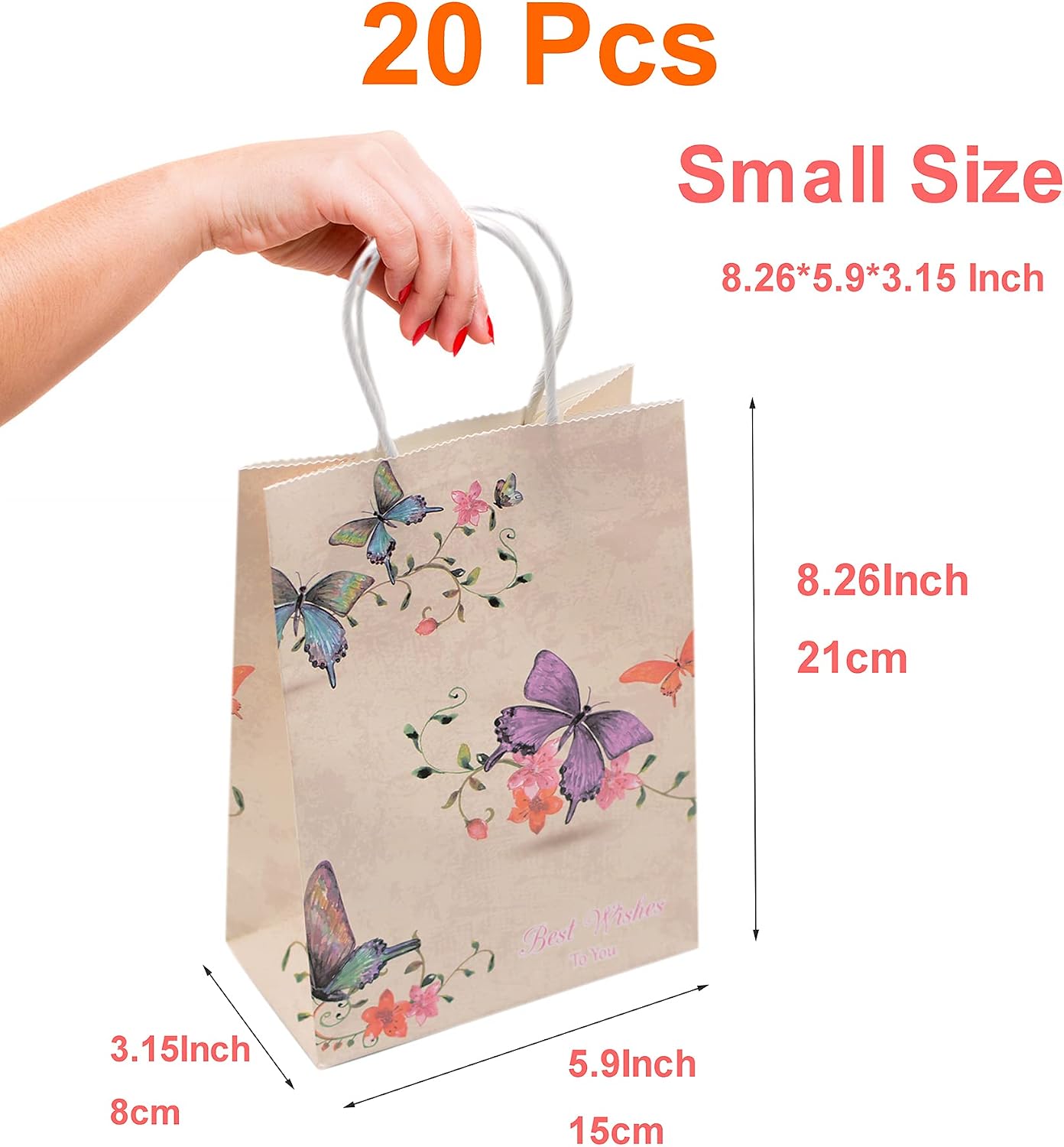 YYaaloa 20pcs Small Gift Bags Kraft Paper Bags with Handle Butterfly flower Party Favor Bags for Baby Shower Kids Birthday Wedding Xmas Party Supplies Restaurant takeouts, and Store Owners (20)