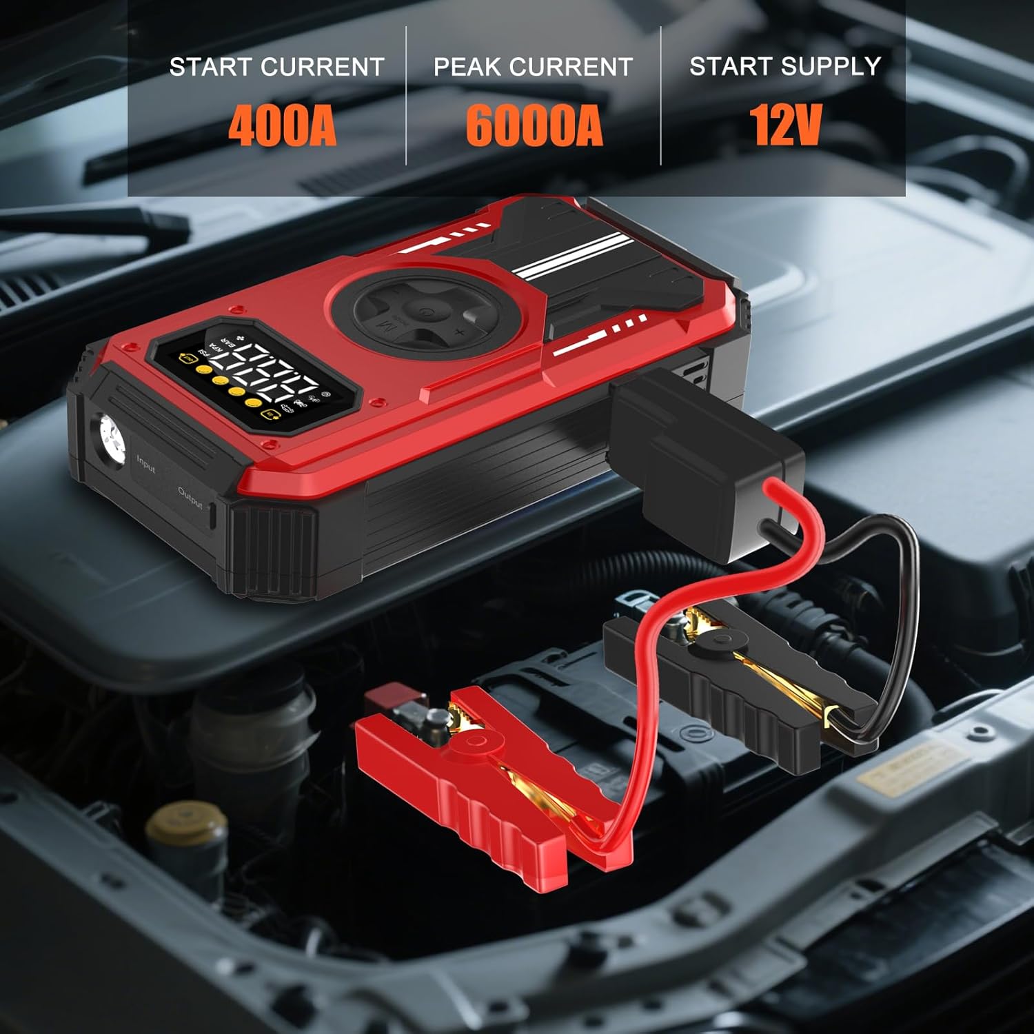 PD-270 6000A Jump Starter with Air Compressor, 150 PSI Portable 12V Car Battery Booster (Up to 7.5L Gas/6.5L Diesel), LCD Display, LED Light & Power Bank