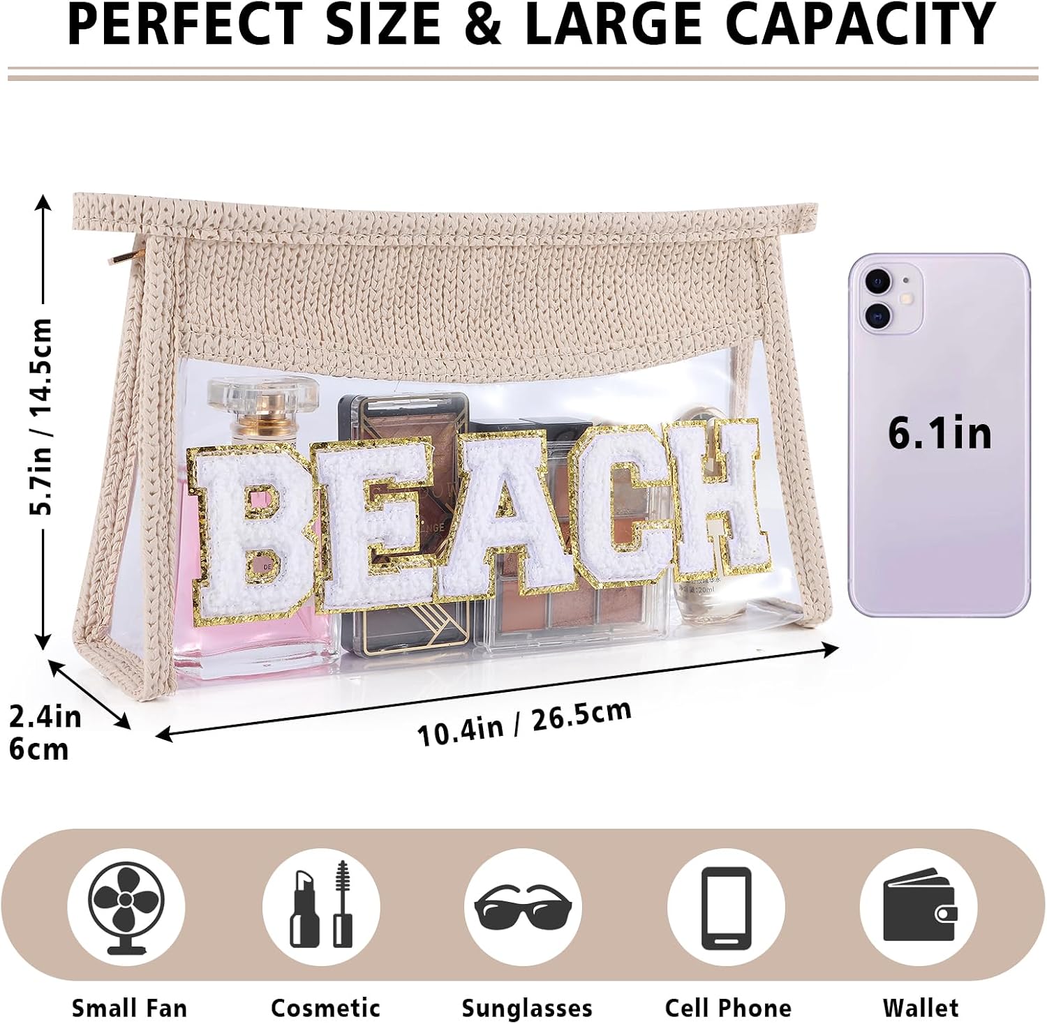 Beach Pouch Sunscreen Clear Makeup Bag Chenille Letter Beach Cosmetic Pouch Summer Essential Cute Toiletry Pouch Travel Accessories Gifts for Women image 3