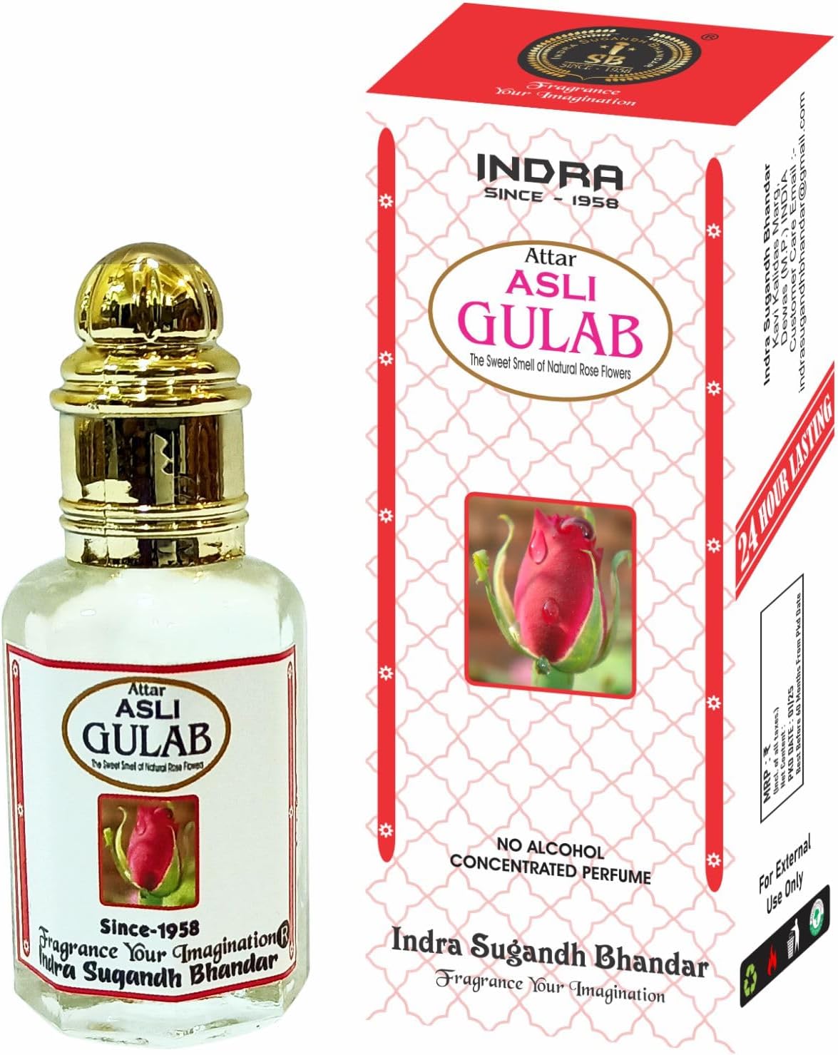 INDRA SUGANDH BHANDAR Attar For Men|Women Asli Gulab Pure Rose No Alcohal Long Lasting Ruh Gulab Fragrance 12ml Rollon Box Pack