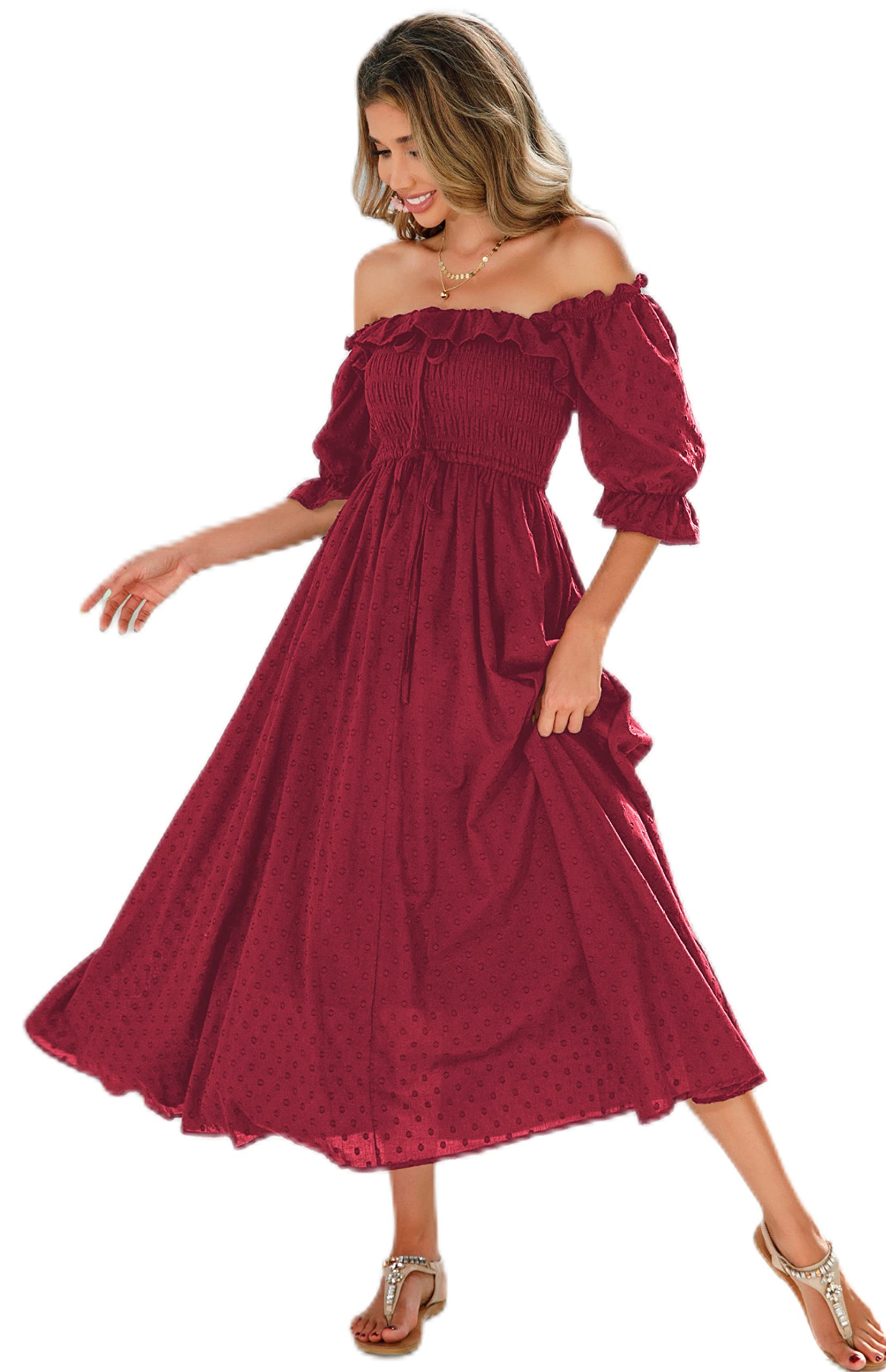 R.Vivimos Women Summer Cotton A Line Flowy Long Dresses | Half Sleeve, Ruffled, Vintage Elegant, Smocked Backless Dress, Maternity Shoot, Baby Shower, Casual Vacation Outfits
