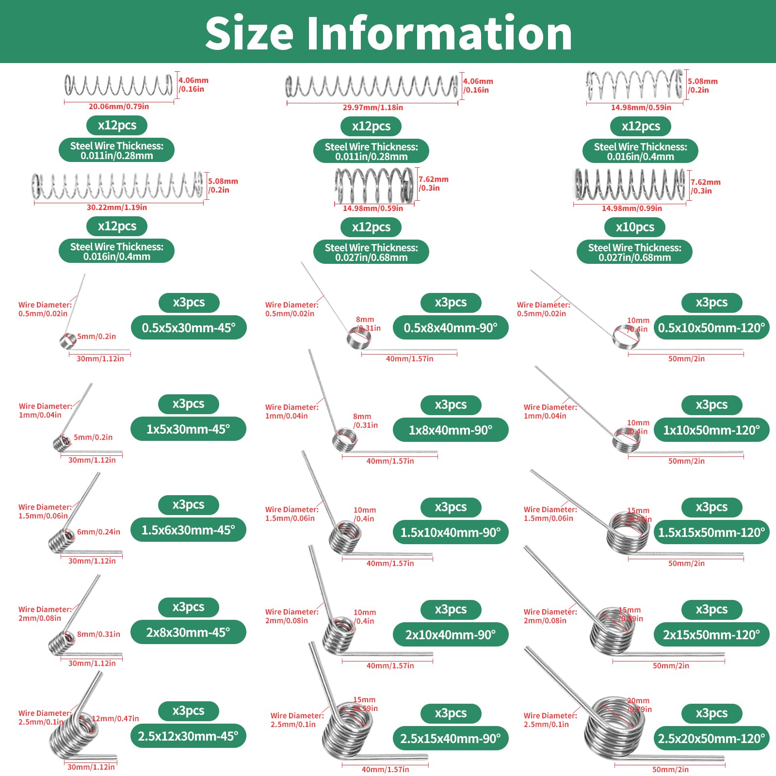 115Pcs 29 Sizes Stainless Steel Mechanical Small Springs Assortment Kit Contains 45/90/120 Degree 6 Laps Torsion Springs and Compression Spring for Shop Home Repairs — Amazon image 2