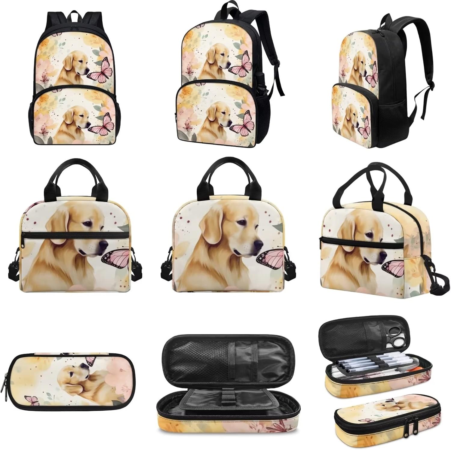 3PCS Kids Girls Casual Daypacks Set Butterfly Floral Backpack With Reusable Lunch Bag Pen Storage Case