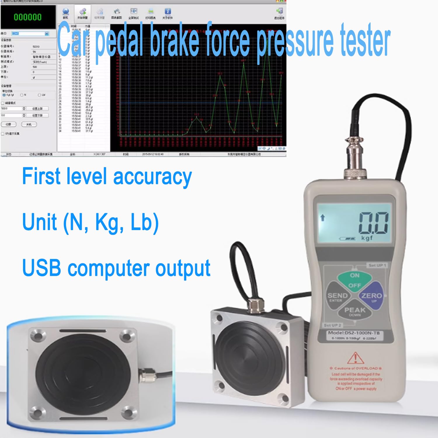 Medidor de Fuerza de Freno del vehículo Probador de Fuerza de Control de Fuerza de Pedal Digital, Unidad (N, Kg, LB), Salida de computadora USB, LCD con retroiluminación automática