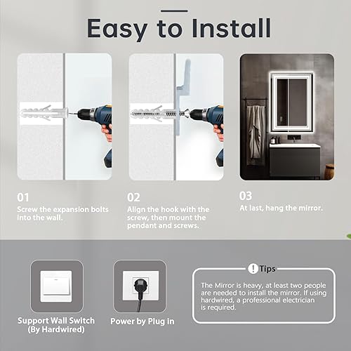 Miniatura 7 de Espejo de baño de 24 x 32 pulgadas con luces, espejo rectangular LED doble para montar en la pared con regulable, 3 colores, antivaho,