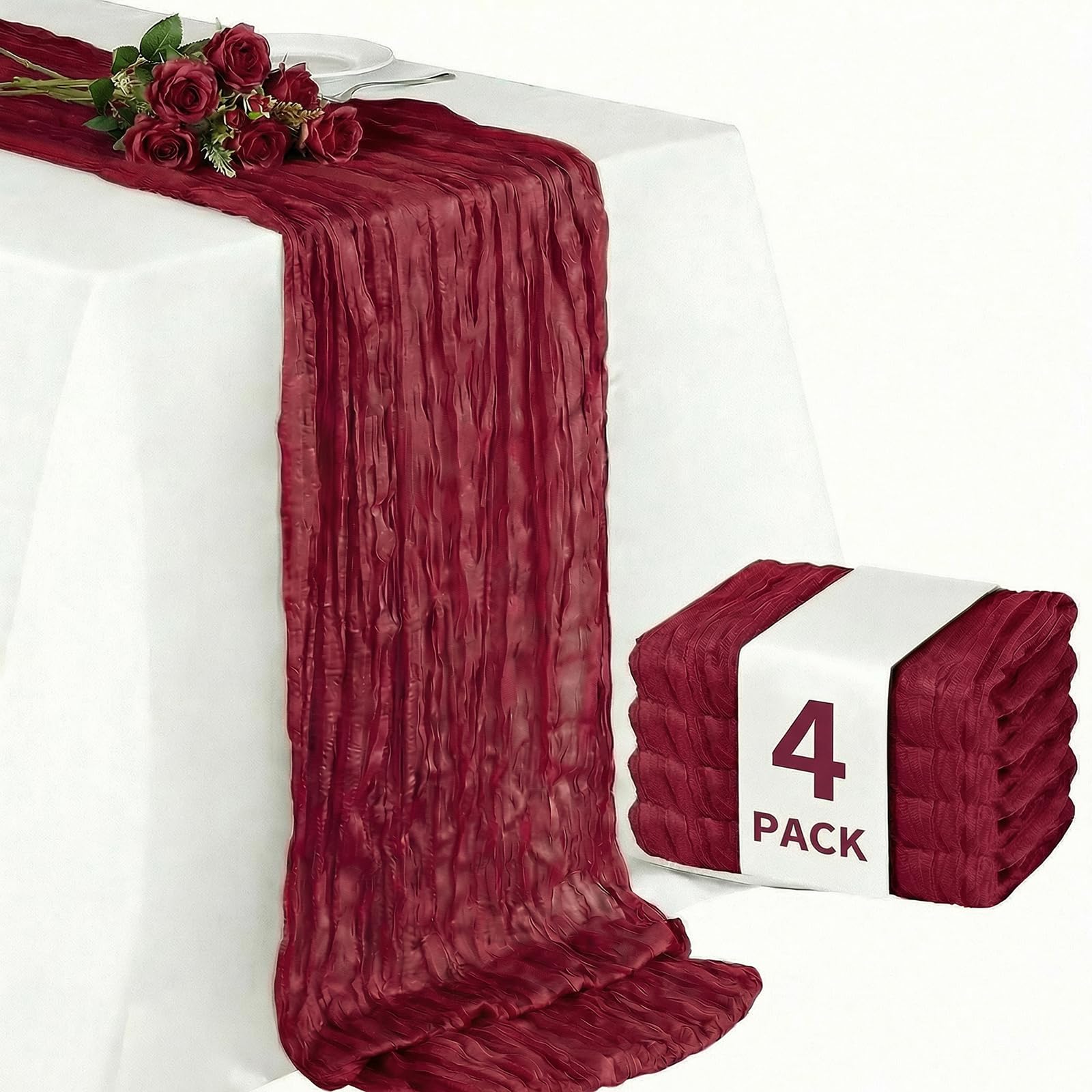 4 pcs Cheesecloth Table Runner 35"x120", 10FT Long Gauze Table Runner Boho for Wedding Reception Sheer Bridal Baby Shower Party Banquet Dining Rustic Table Decoration Tablecloth,Burgundy (90x300cm)