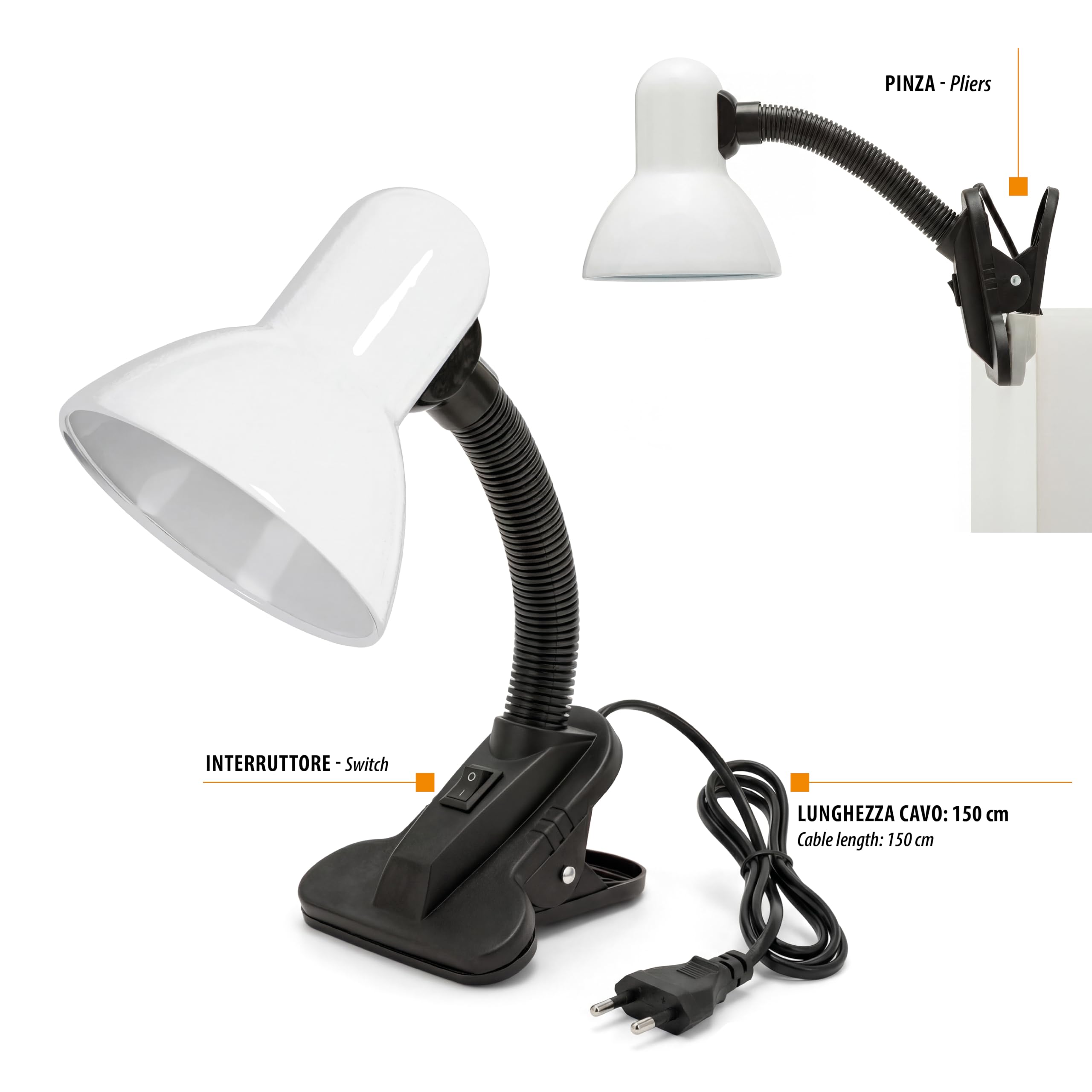 Velamp Lampa z klipsem, E27, kompatybilna z LED, elastyczne ramię, z kablem i przełącznikiem, do pokoju dziecięcego, biurka, metalu, 6 W, biała