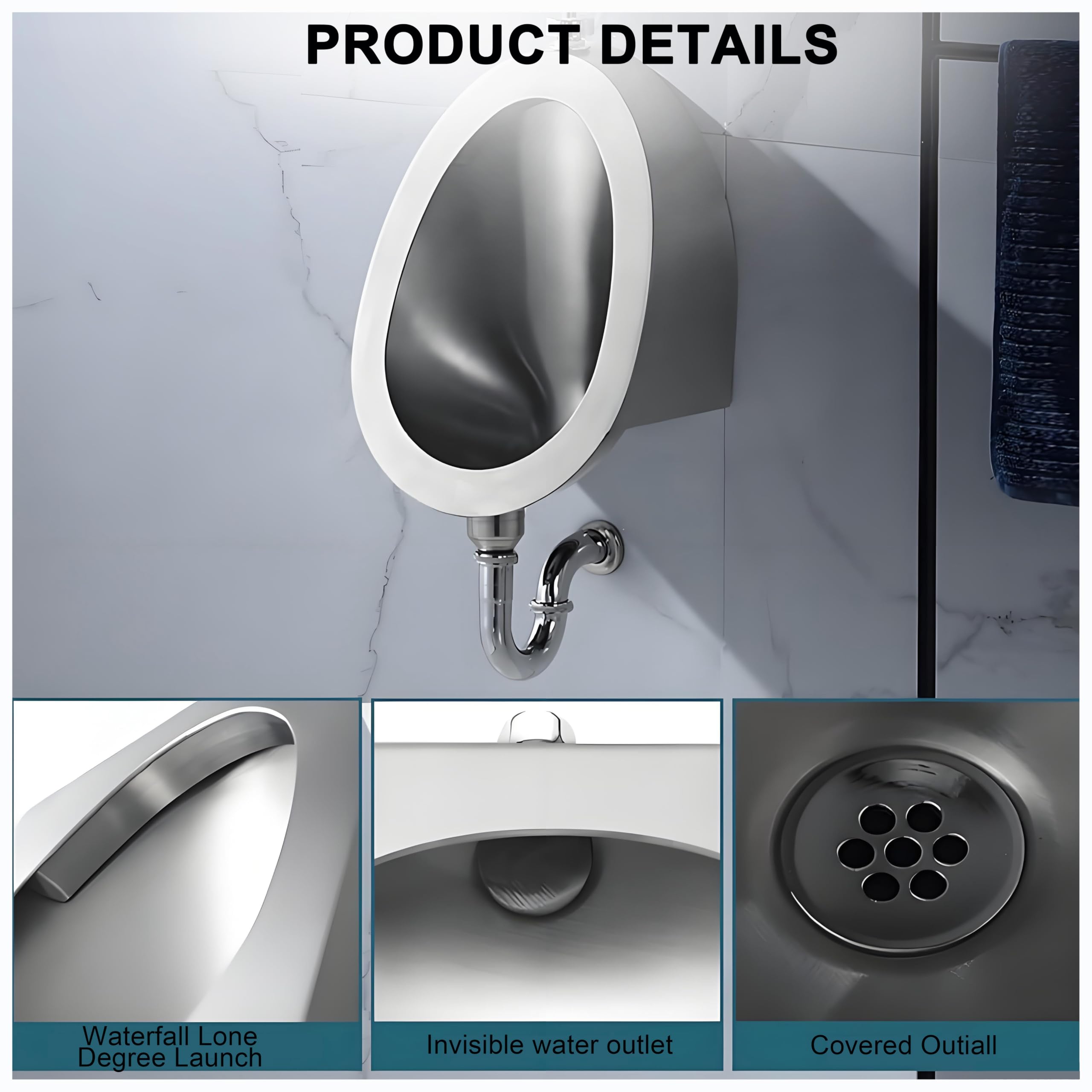 Urinario de acero inoxidable con sensor automático montado en la pared, sistema de descarga sin olor para bares, baños y hoteles
