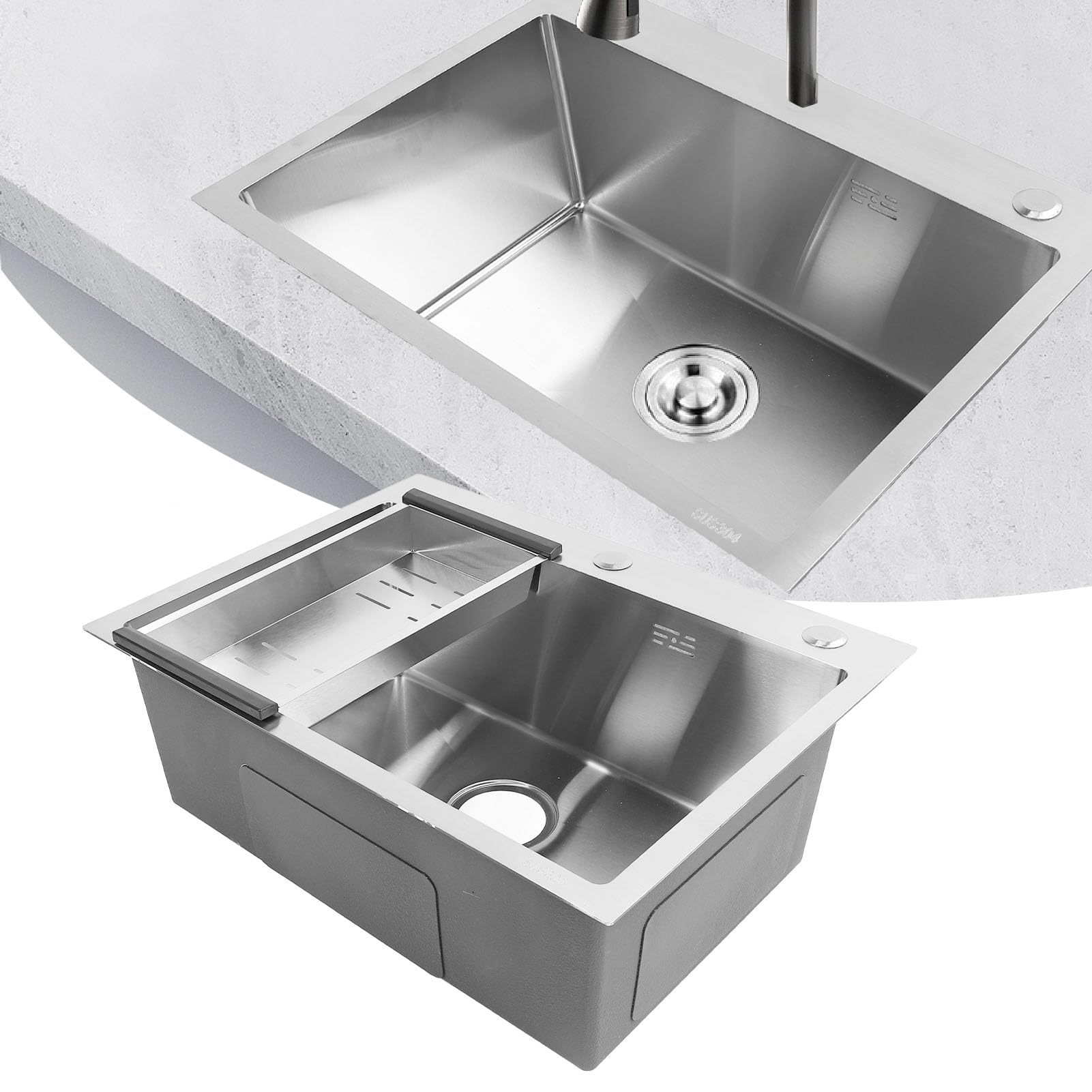 Fregadero de Cocina, Lavabo de un Solo Cuenco de Acero Inoxidable 304 con Escurridor y Almohadillas de Reducción de Ruido, Montaje para Estación de Trabajo RV Bar