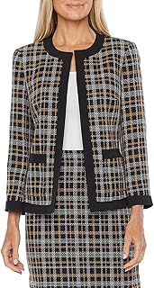 Black Label Open Front 3/4 Sleeve 2 Front Slip Pockets Plaid Woven Jacket - Buy now