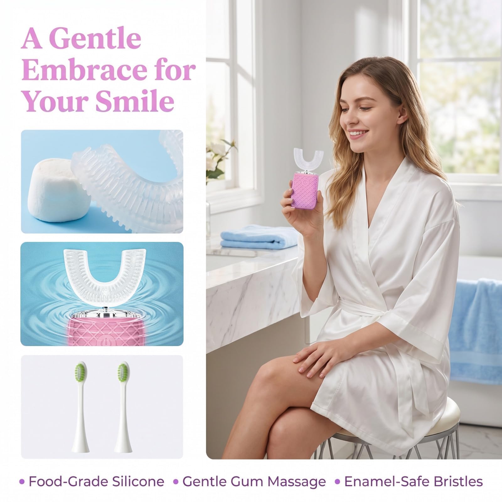 Cepillo de dientes eléctrico en forma de U para adultos, Sonic Automatic, blanqueamiento de manchas de 360°, IPX7 impermeable recargable, 3 en forma de U + 2 cabezales rectos + taza de